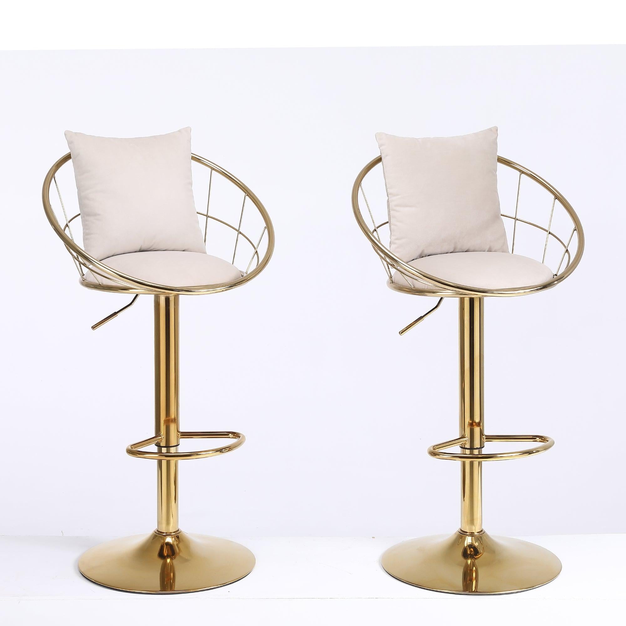 Off-White velvet bar chair, pure gold plated, unique design，360 degree rotation, adjustable height，Suitable for dinning room and bar，set of 2