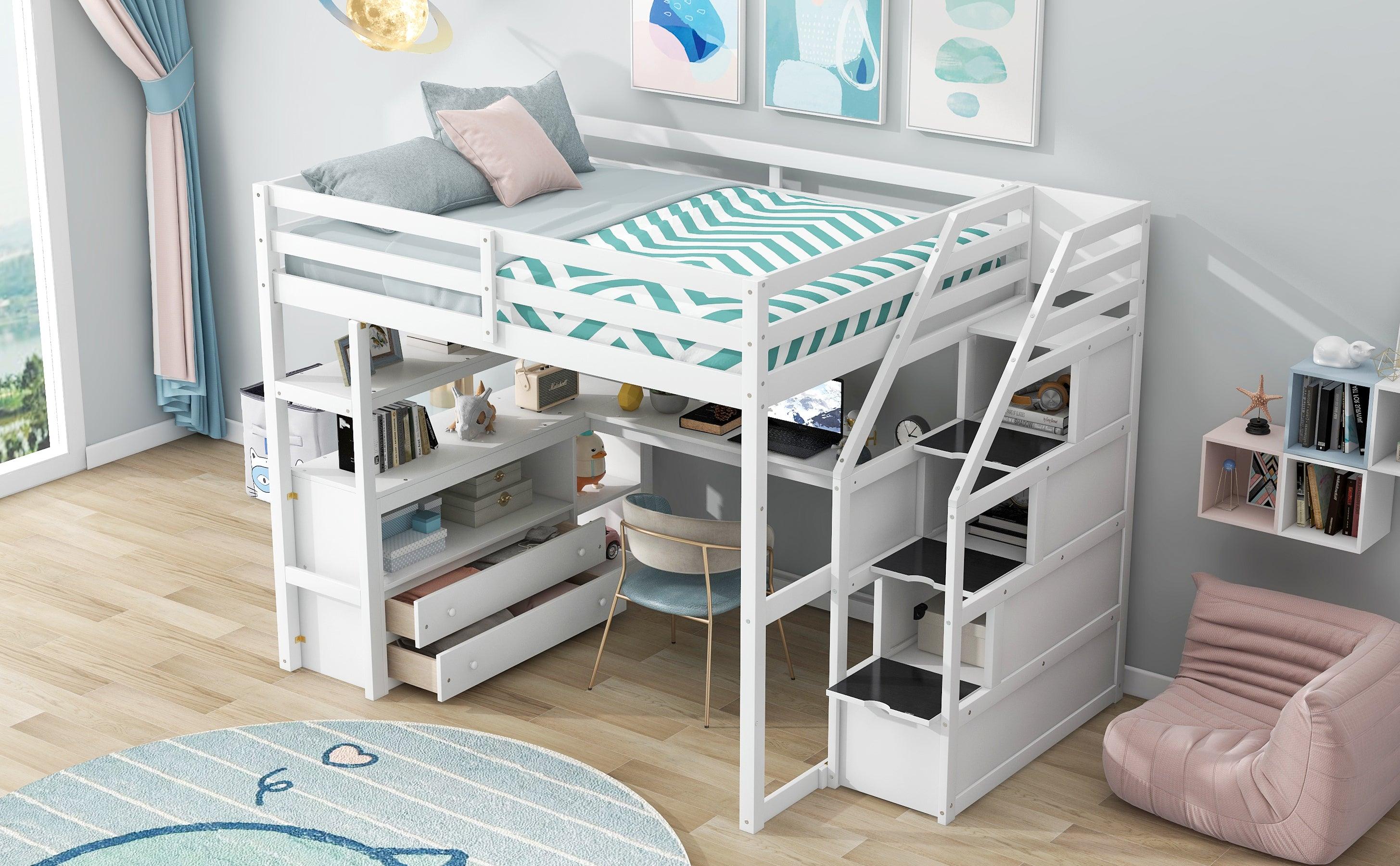 Full Size Loft Bed with Desk and Shelves, Two Built-in Drawers,Storage Staircase, White