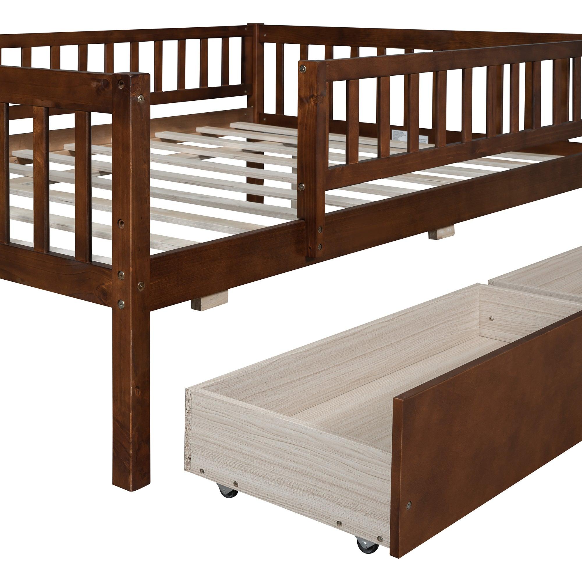 Full Size Daybed Wood Bed with Two Drawers, Walnut