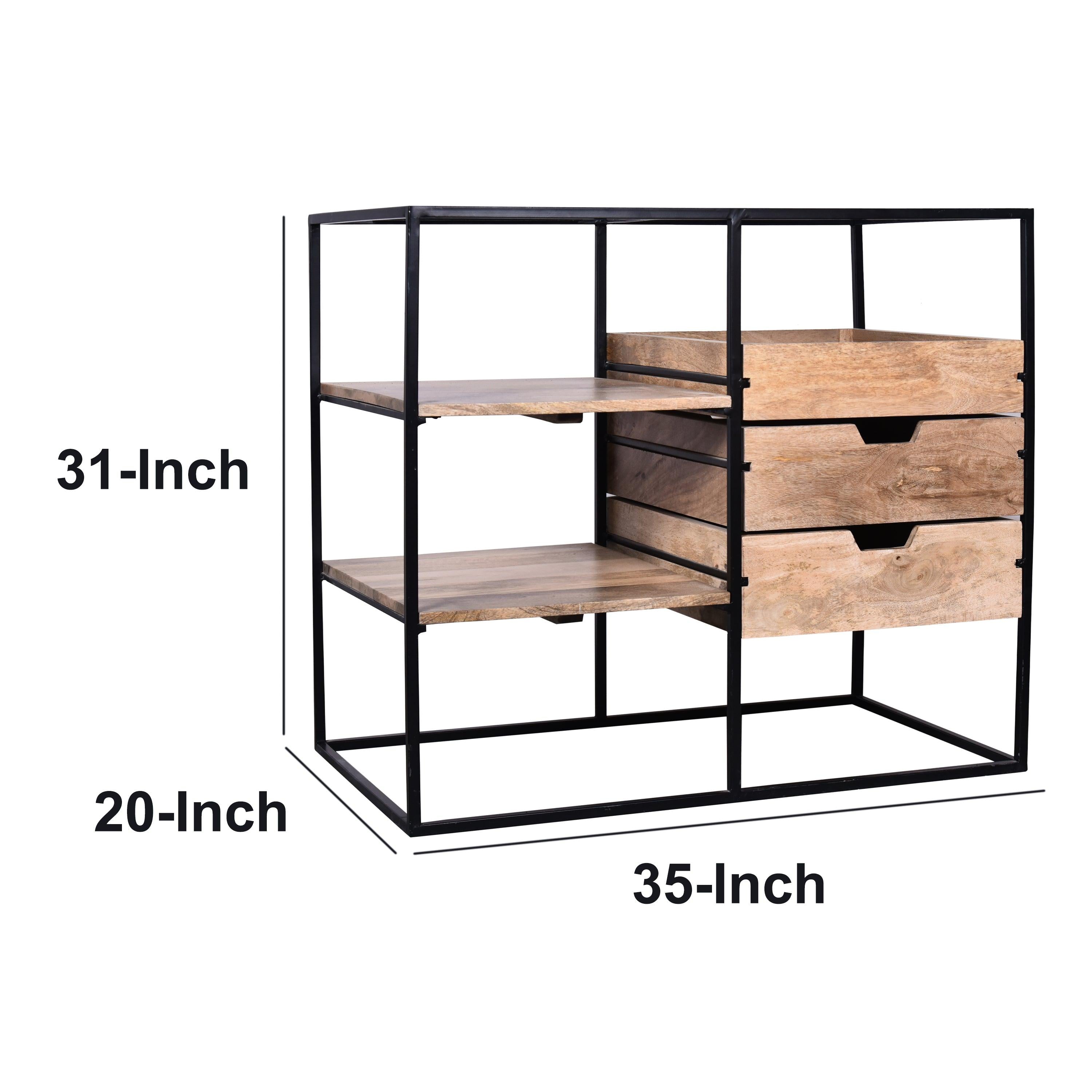 35 Inch HandcraftedModern Glass Table,Storage Shelves, 3 Drawers, Metal Frame, Natural Brown and Black