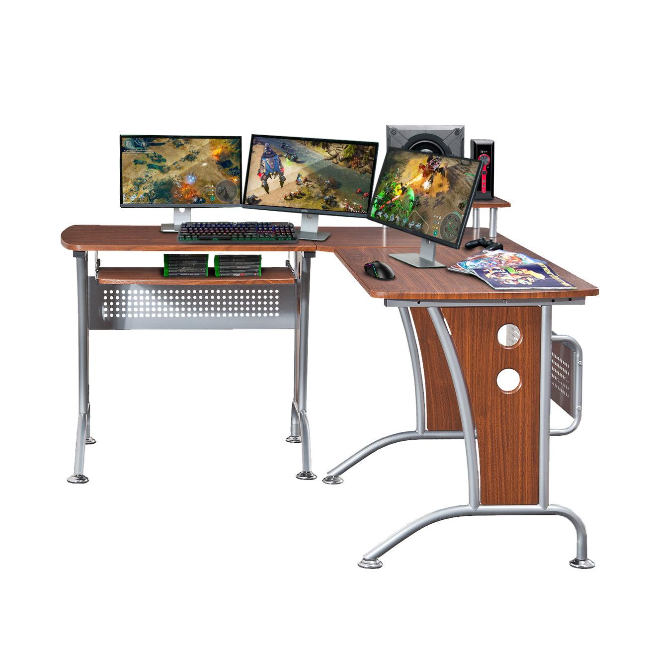 Techni Mobili Deluxe L-Shaped Computer Desk With Pull Out Keyboard Panel, Mahogany