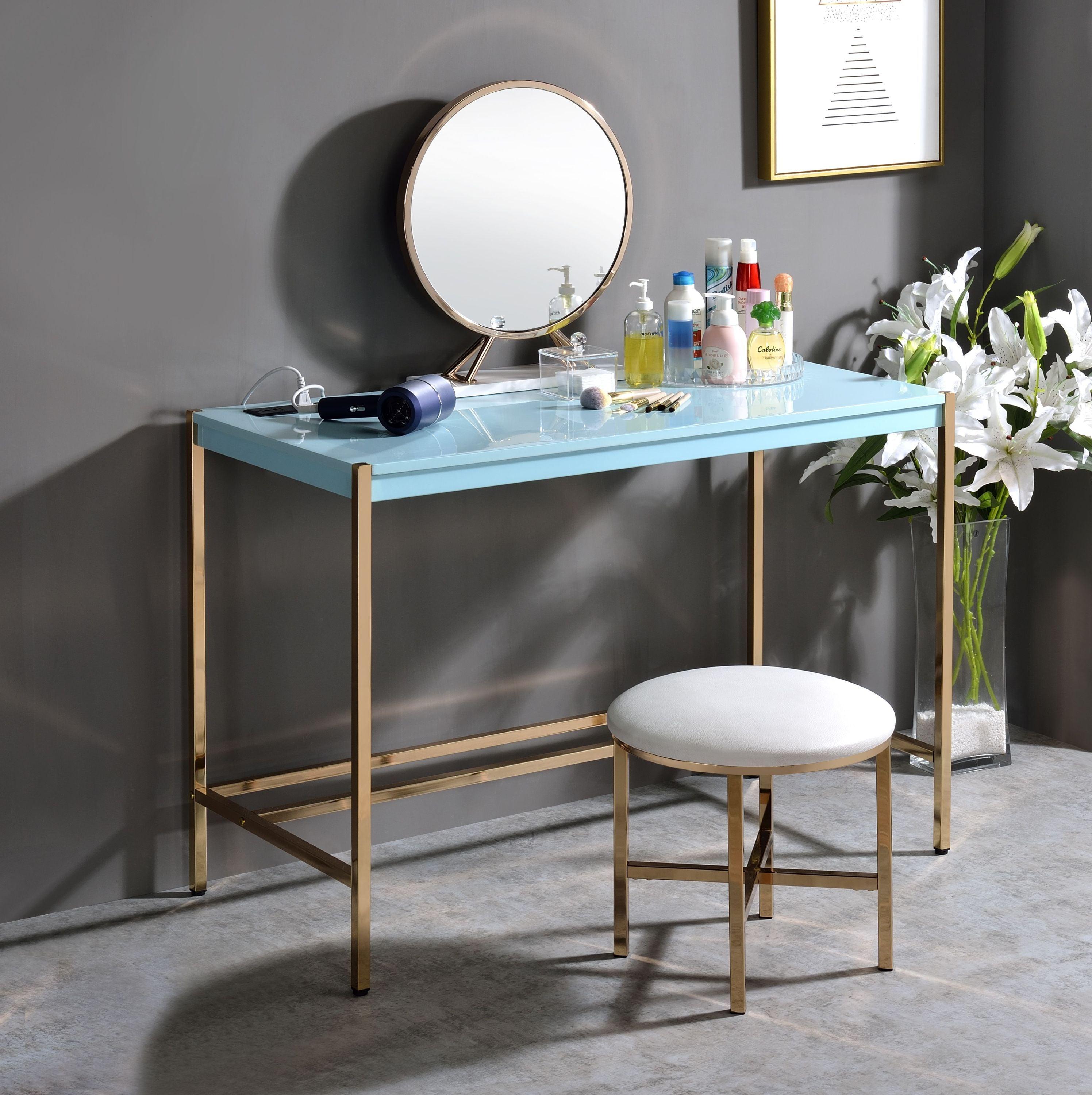 ACME Midriaks Writing Desk w/USB Port in Baby Blue & Gold Finish OF00023