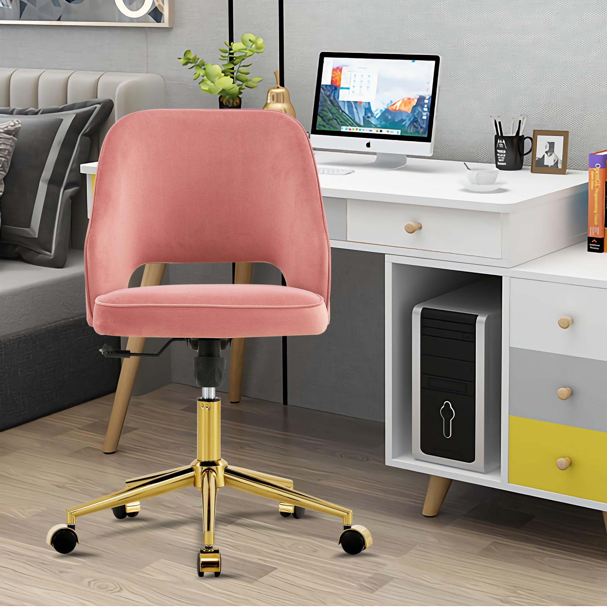 Modern Home Velvet Office Chairs, Adjustable 360 °Swivel Chair Engineering Plastic Armless Swivel Computer Chair With Wheels for Living Room, Bed Room Office Hotel Dining Room .Pink