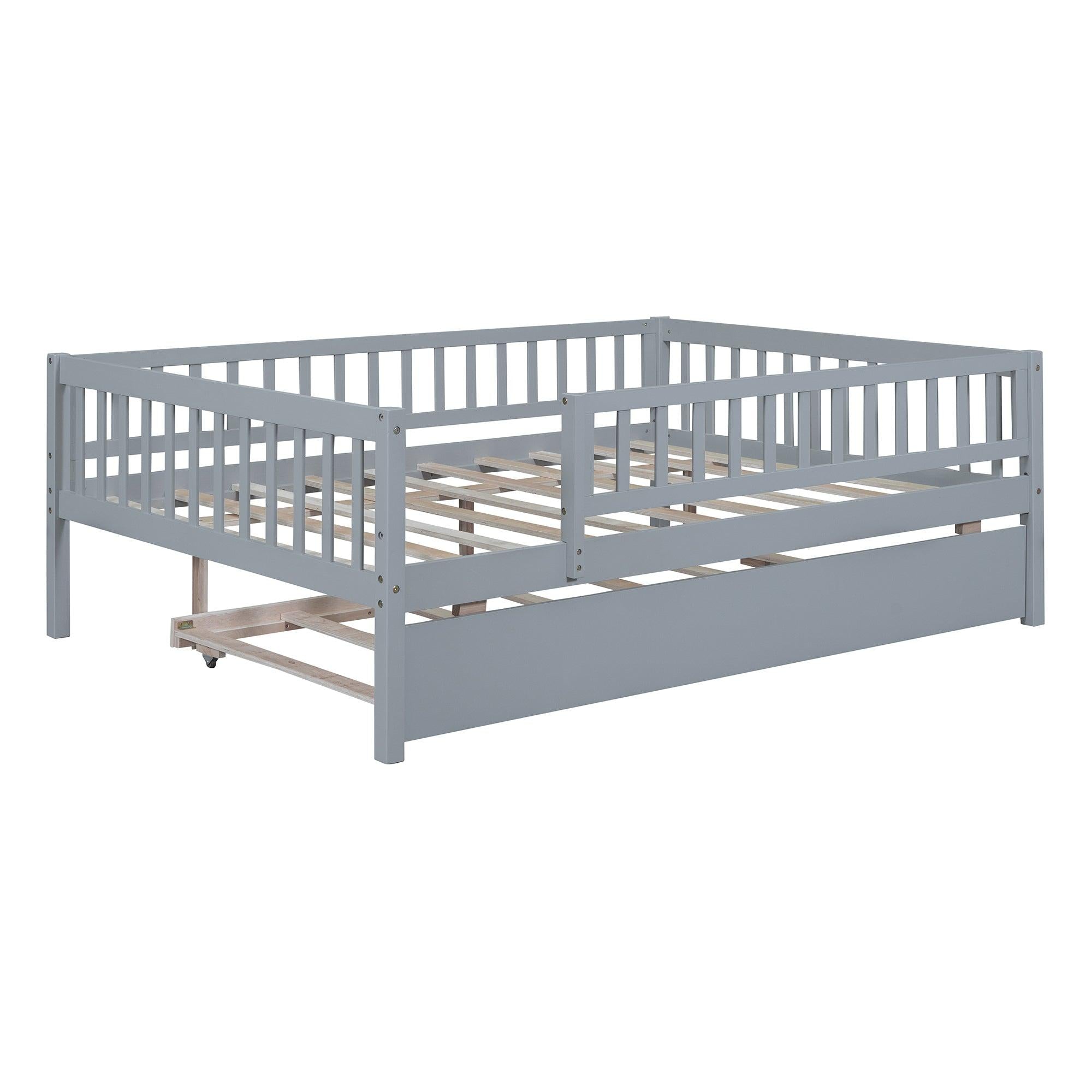 Full Size Wood Daybed with Trundle and Fence Guardrails, Gray