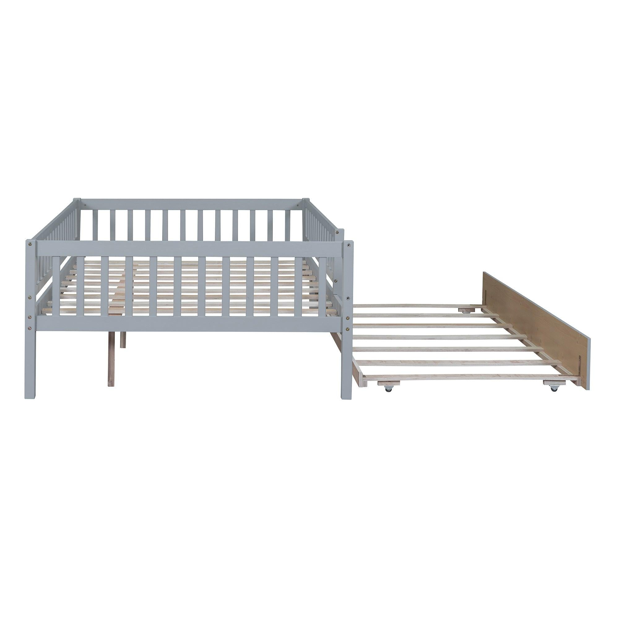 Full Size Wood Daybed with Trundle and Fence Guardrails, Gray