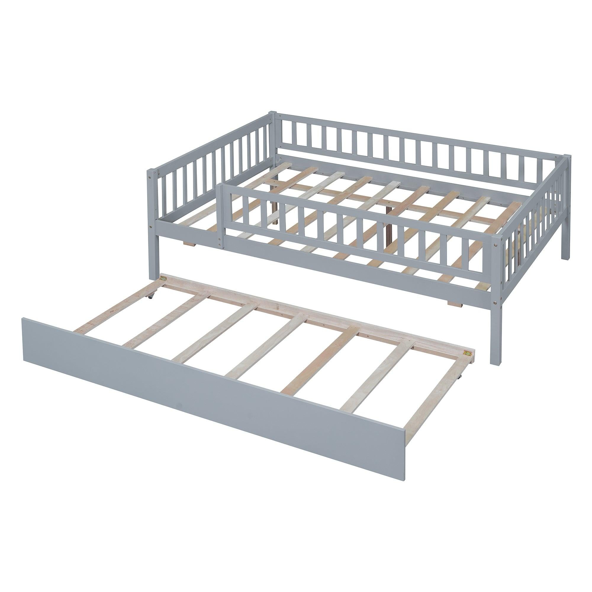 Full Size Wood Daybed with Trundle and Fence Guardrails, Gray