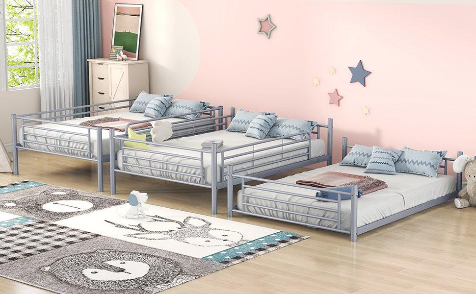 Full-Full-Full Metal  Triple Bed  with Built-in Ladder, Divided into Three Separate Beds,Gray