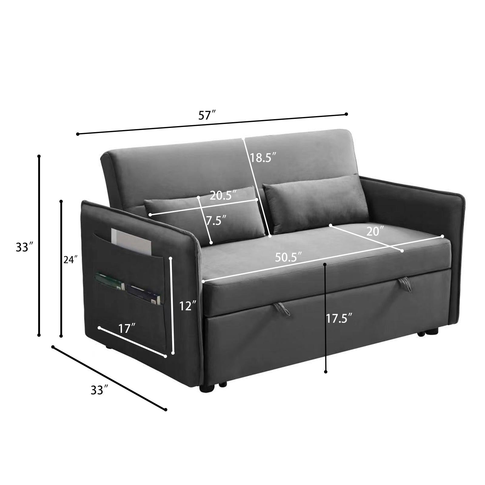 Pull Out Sofa Bed,Modern Adjustable Pull Out Bed Lounge Chair with 2 Side Pockets, 2 Pillows for Home Office