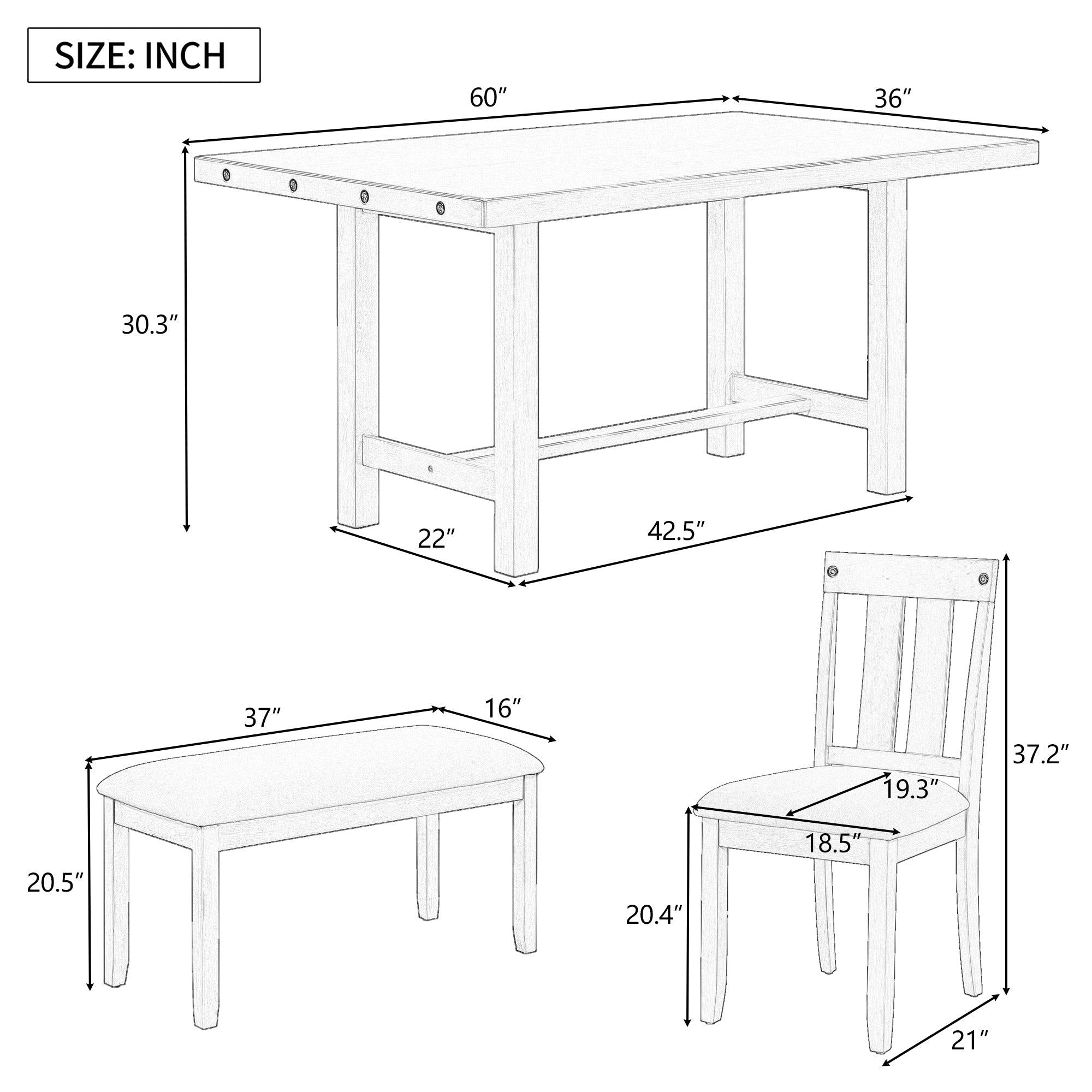 Rustic Farmhouse 6-Piece Wooden Rustic Style Dining Set, Including Table, 4 Chairs & Bench (Gray)