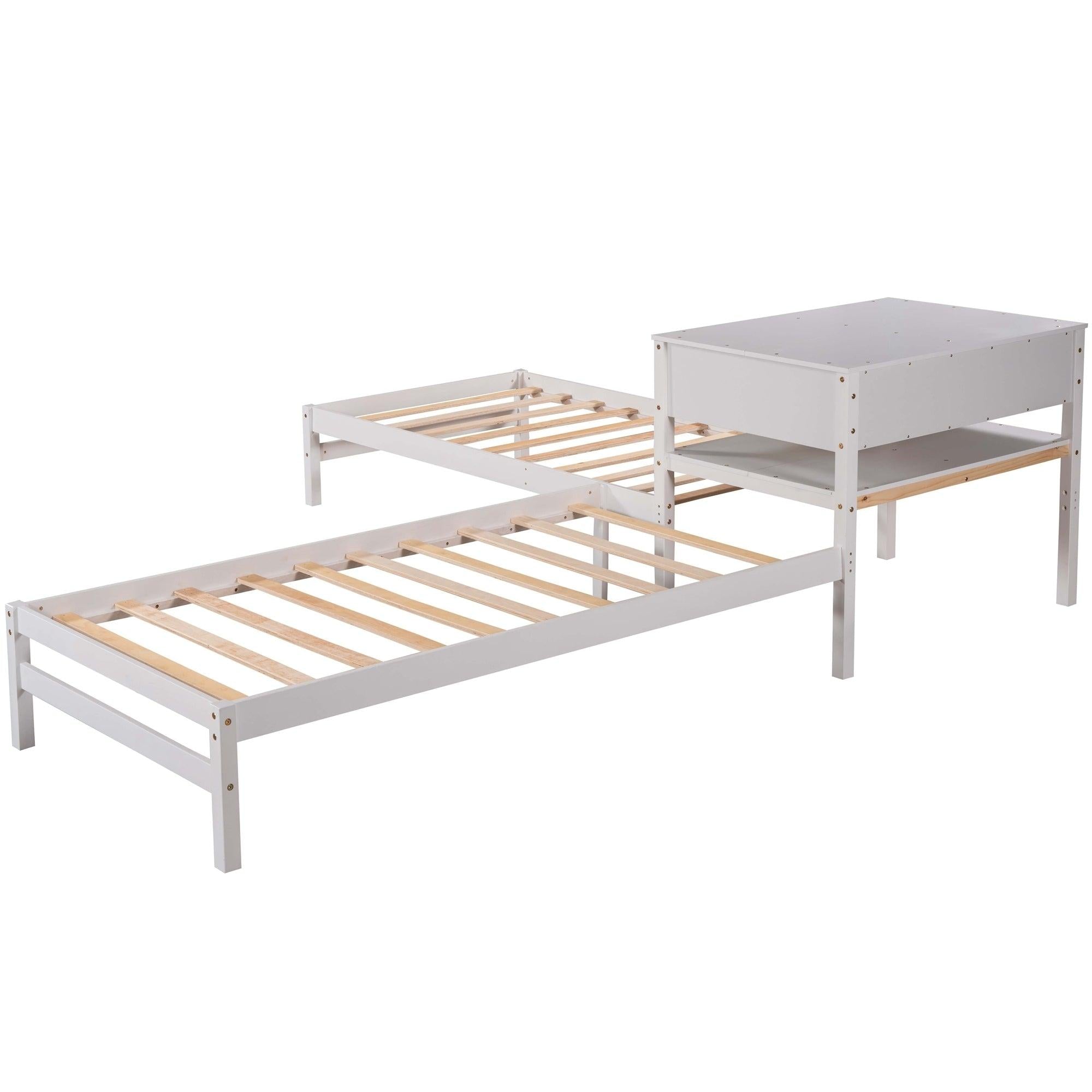 Twin Size L-Shaped Platform Beds with Drawer Linked with Built-in Rectangle Table,White