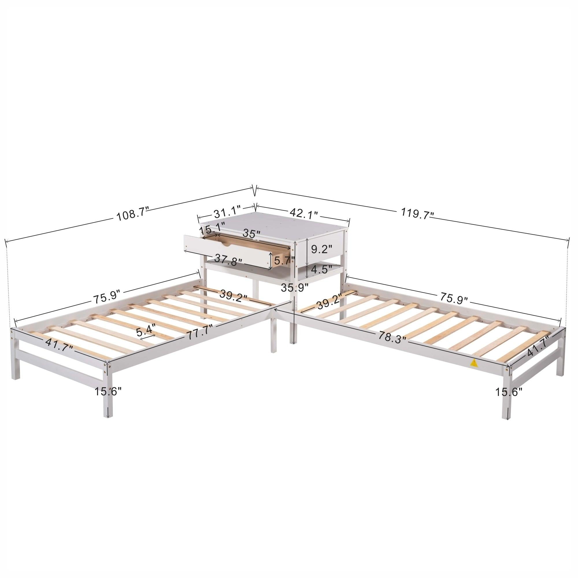 Twin Size L-Shaped Platform Beds with Drawer Linked with Built-in Rectangle Table,White