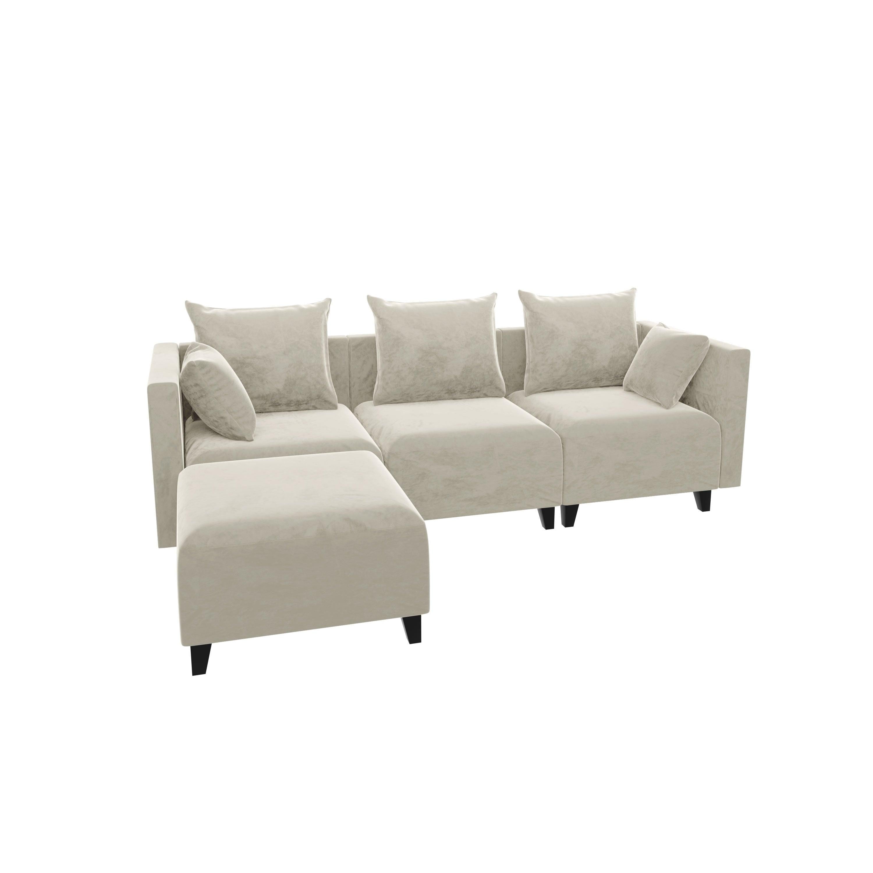 Sectional Sofa L shape Velvet Square Arm Sofa with Pillows for Living Room, Beige with Black Foot image