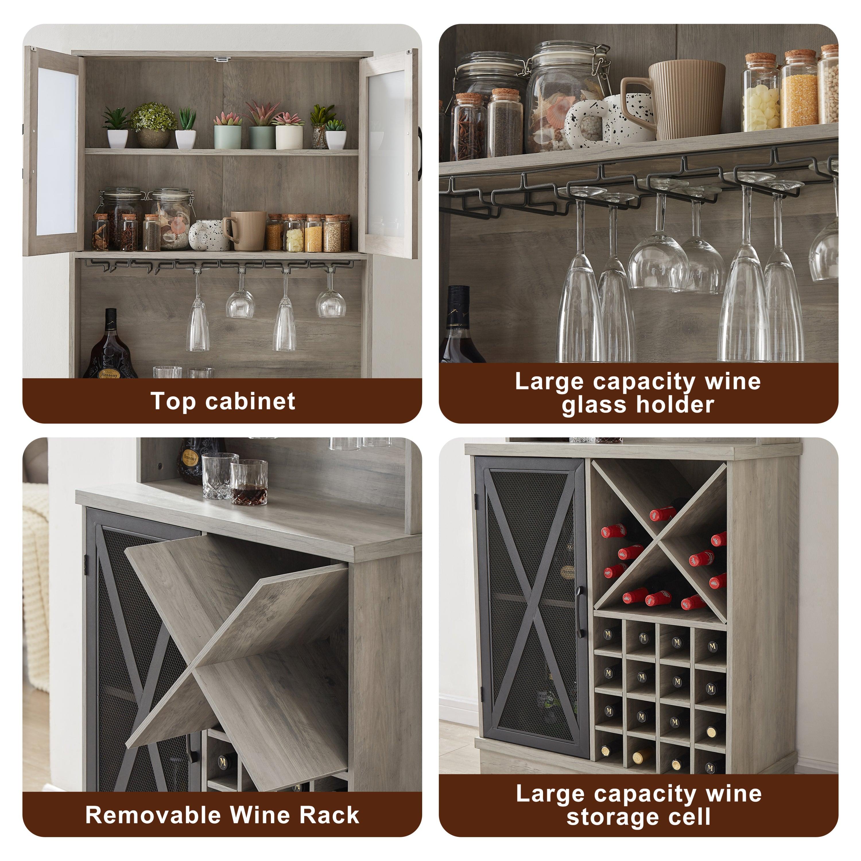 Farmhouse Wine Cabinet , Large Capacity Kitchen SideboardStorage Cabinet With Wine Rack And Glass Holder, Adjustable Shelf And 16 Square Compartments (Gray, 31.50" W*13.4" D*71.06"H)