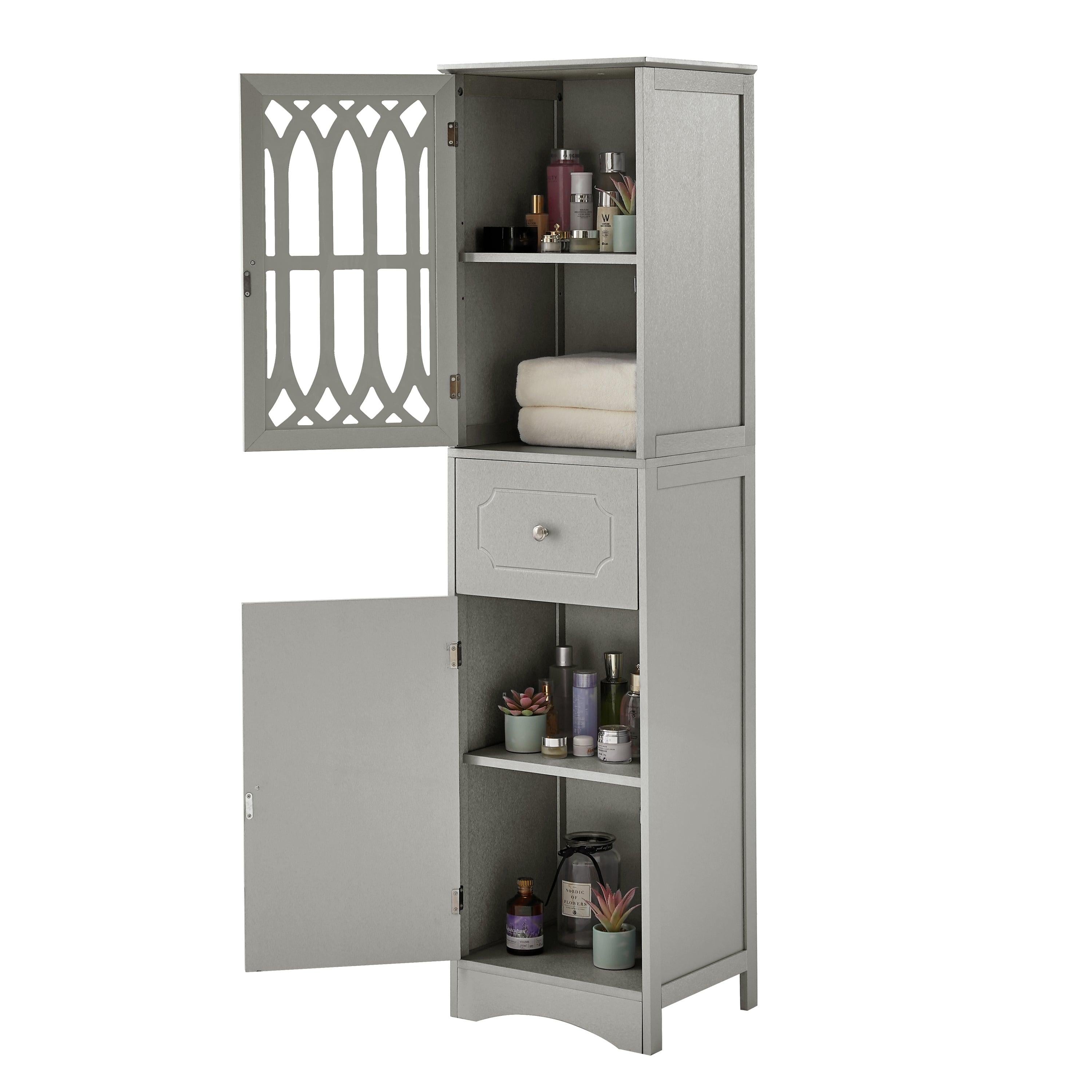 Tall Bathroom Cabinet, FreestandingStorage Cabinet with Drawer and Doors, MDF Board, Acrylic Door, Adjustable Shelf, Grey