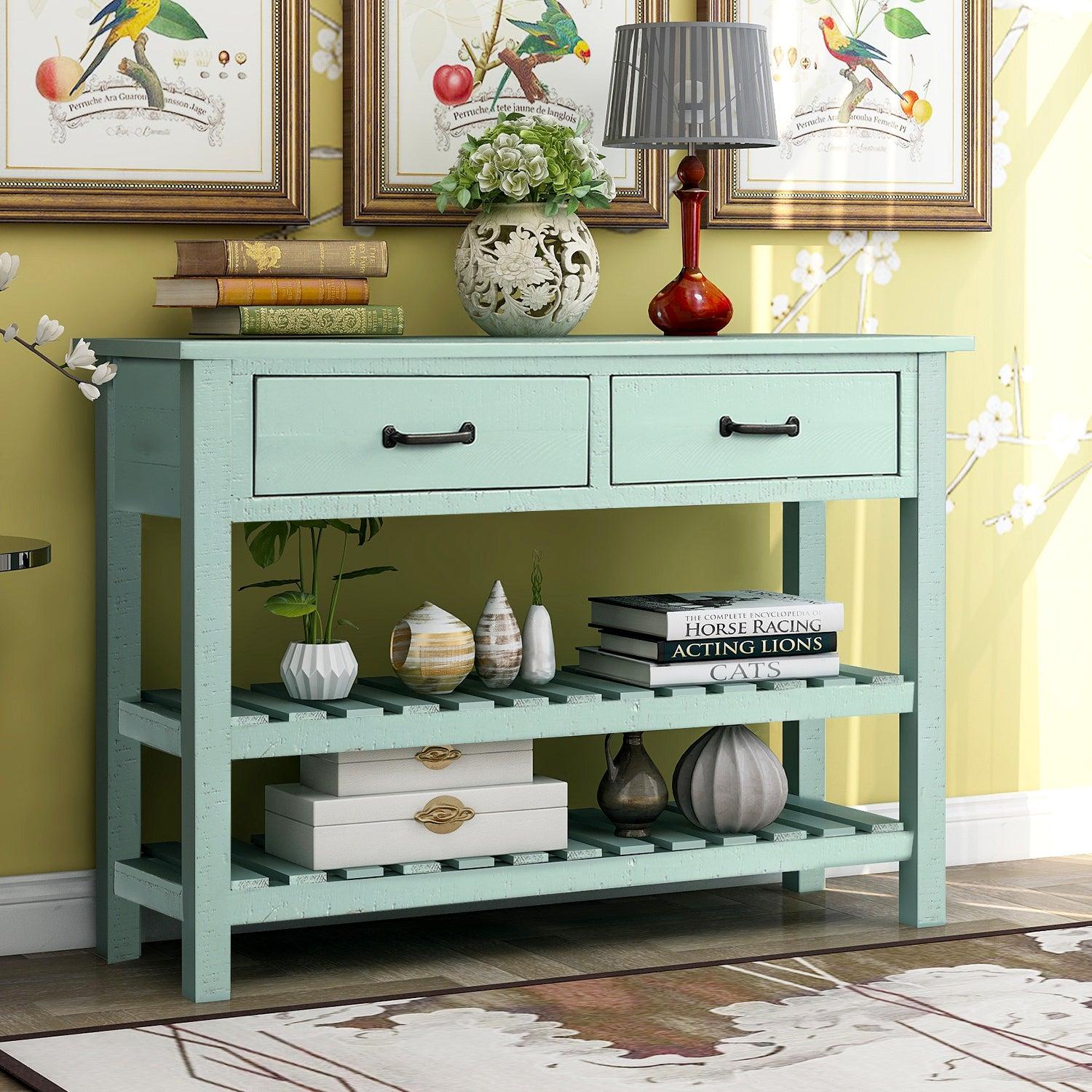 Retro Console Table for Entryway with Drawers and Shelf Living Room Furniture (Antique Blue) image