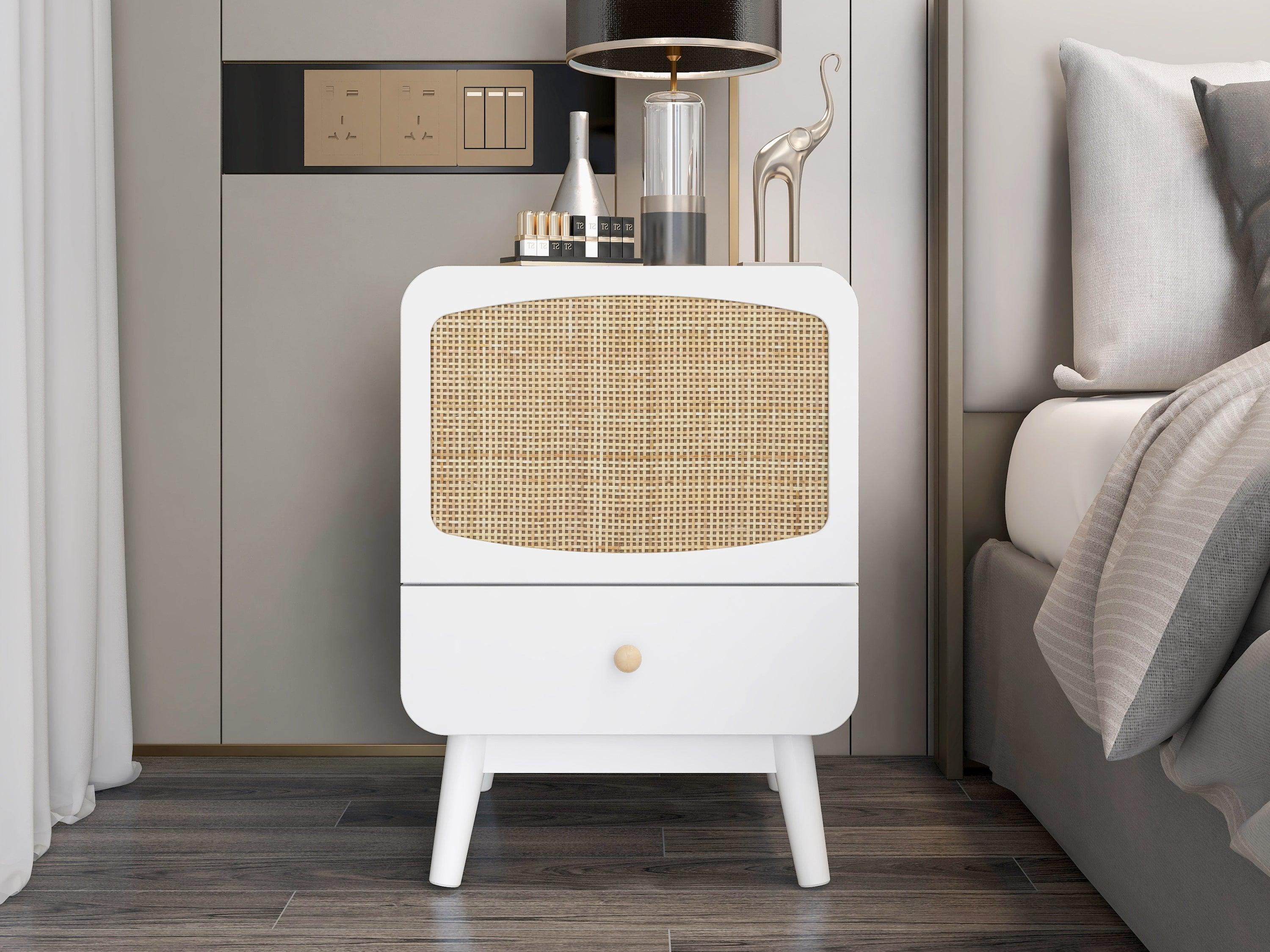 White Nightstand,  Bedside Table withStorage Drawe/ Rattan Door