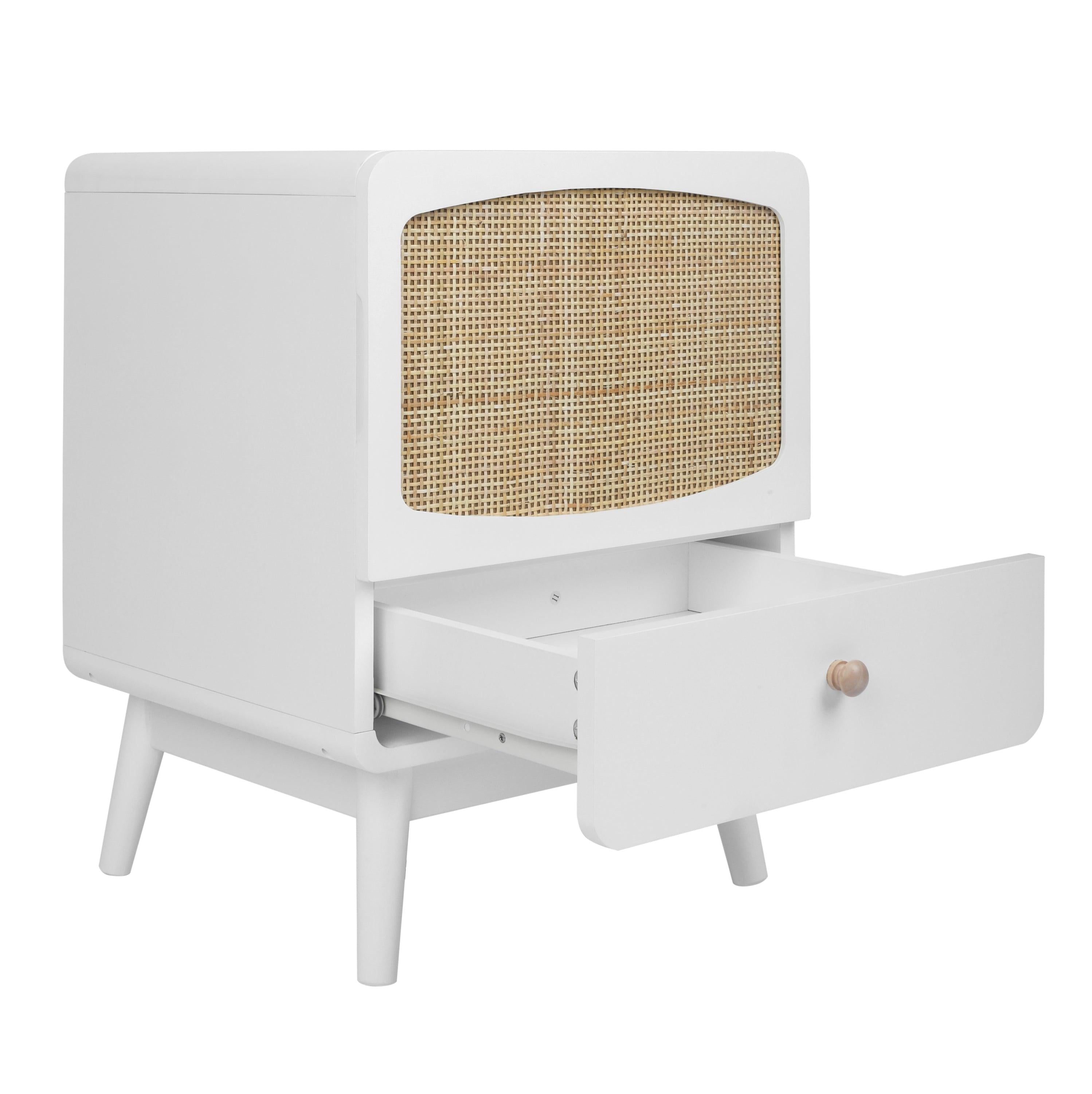 White Nightstand,  Bedside Table withStorage Drawe/ Rattan Door