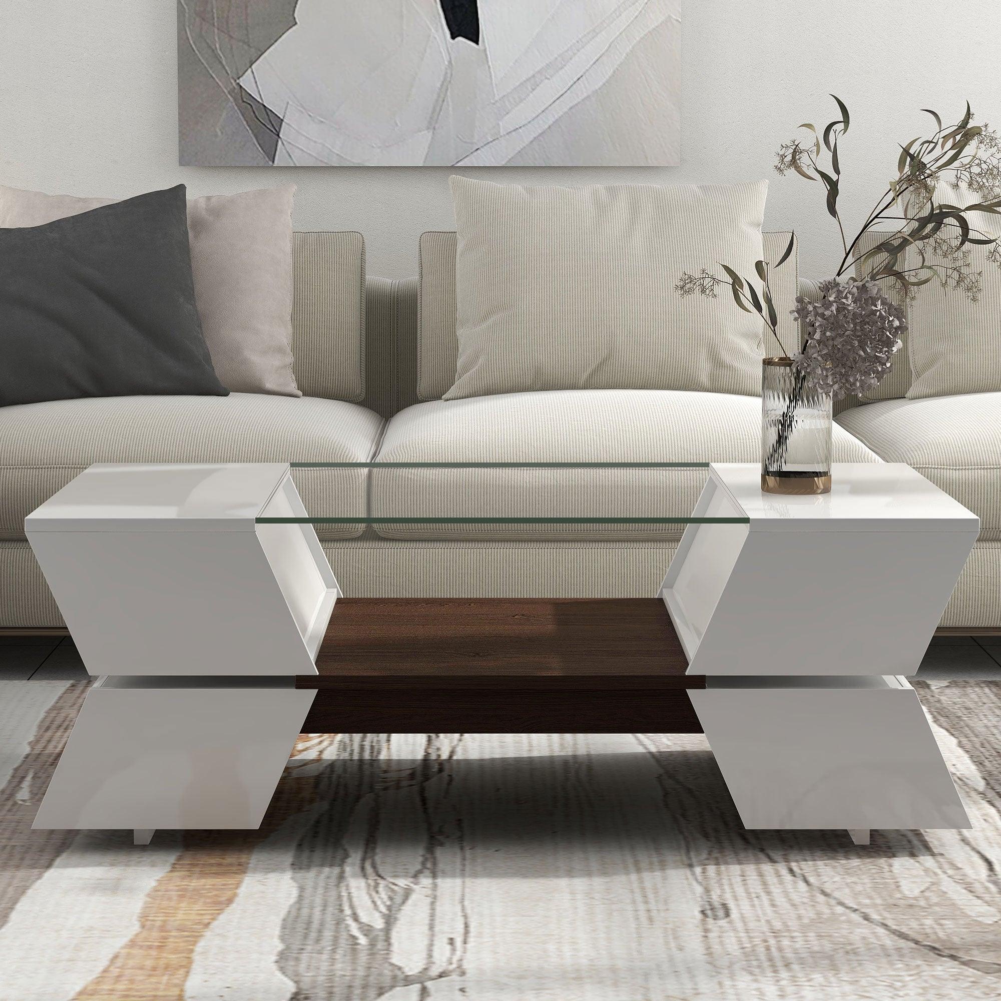 6mm Glass-Top Coffee Table with Open Shelves and Cabinets, Geometric Style Cocktail Table with GreatStorage Capacity,Modernist 2-Tier Center Table for Living Room, White