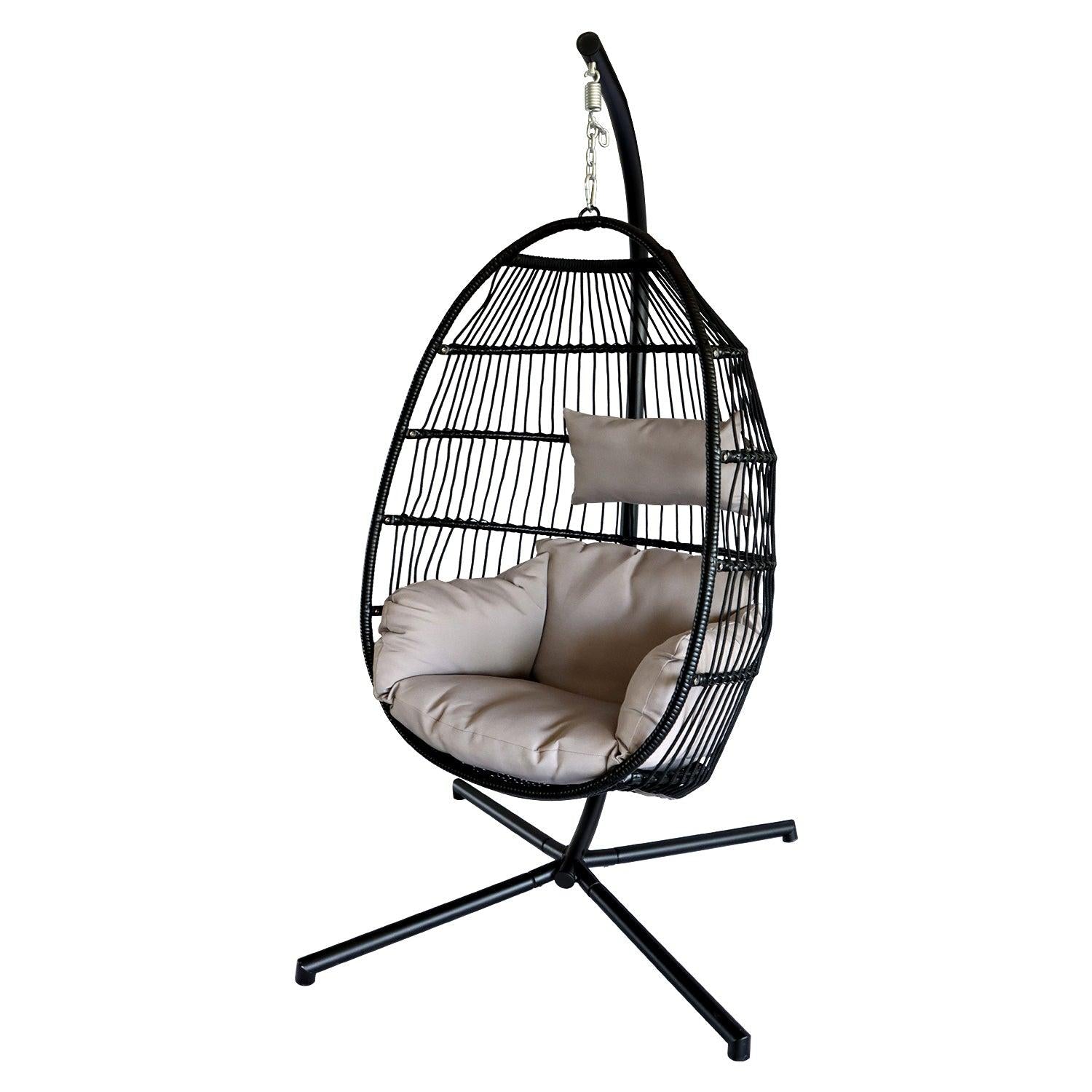 Hanging Egg Chair with Stand Outdoor Patio Swing Egg Chair Indoor Folding Egg Chair, Waterproof Cushion, Folding Rope Back, Heavy Duty C-Stand, 330LBS Capacity