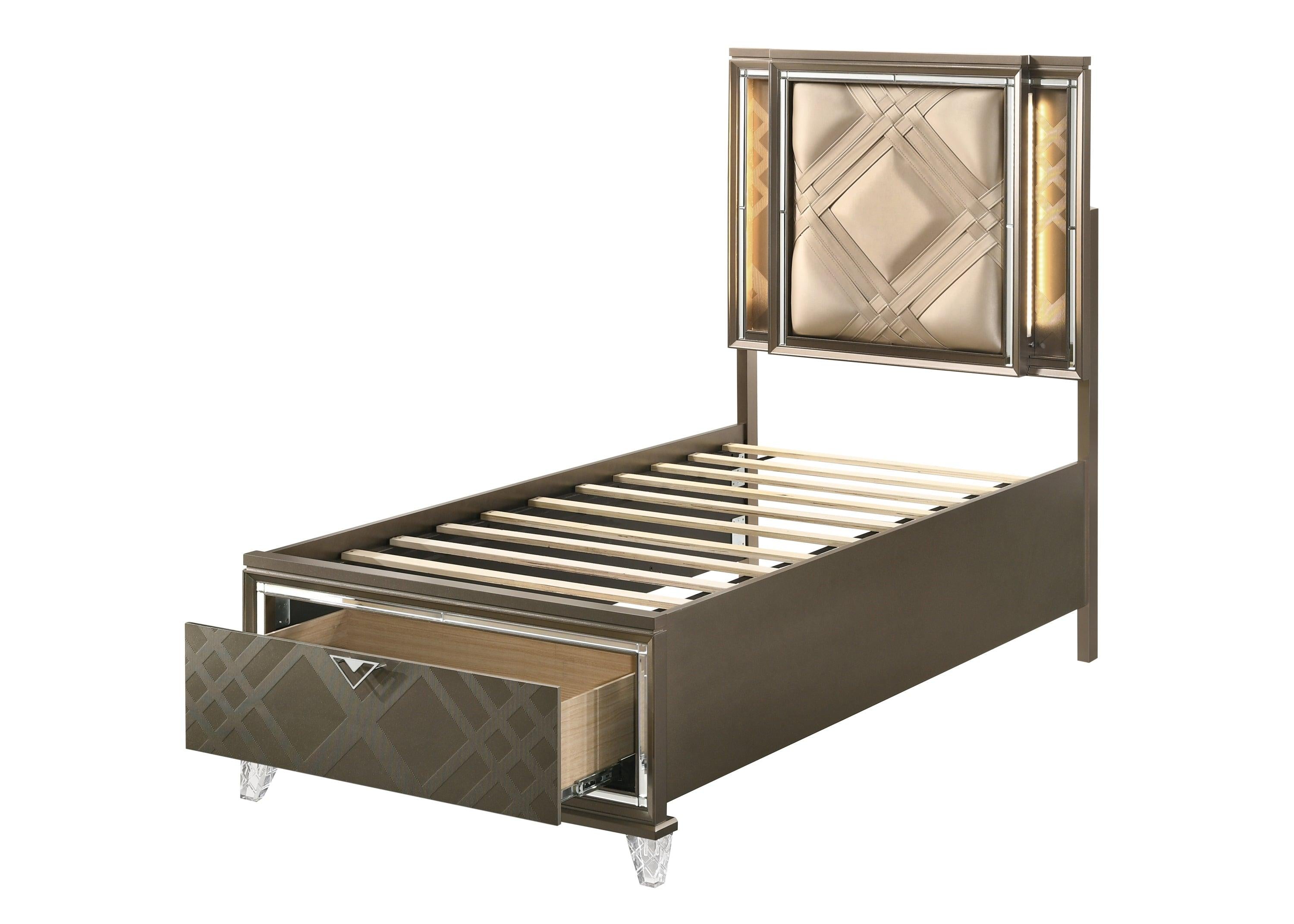 ACME Skylar Twin Bed w/Storage, LED, PU & Dark Champagne 25340T