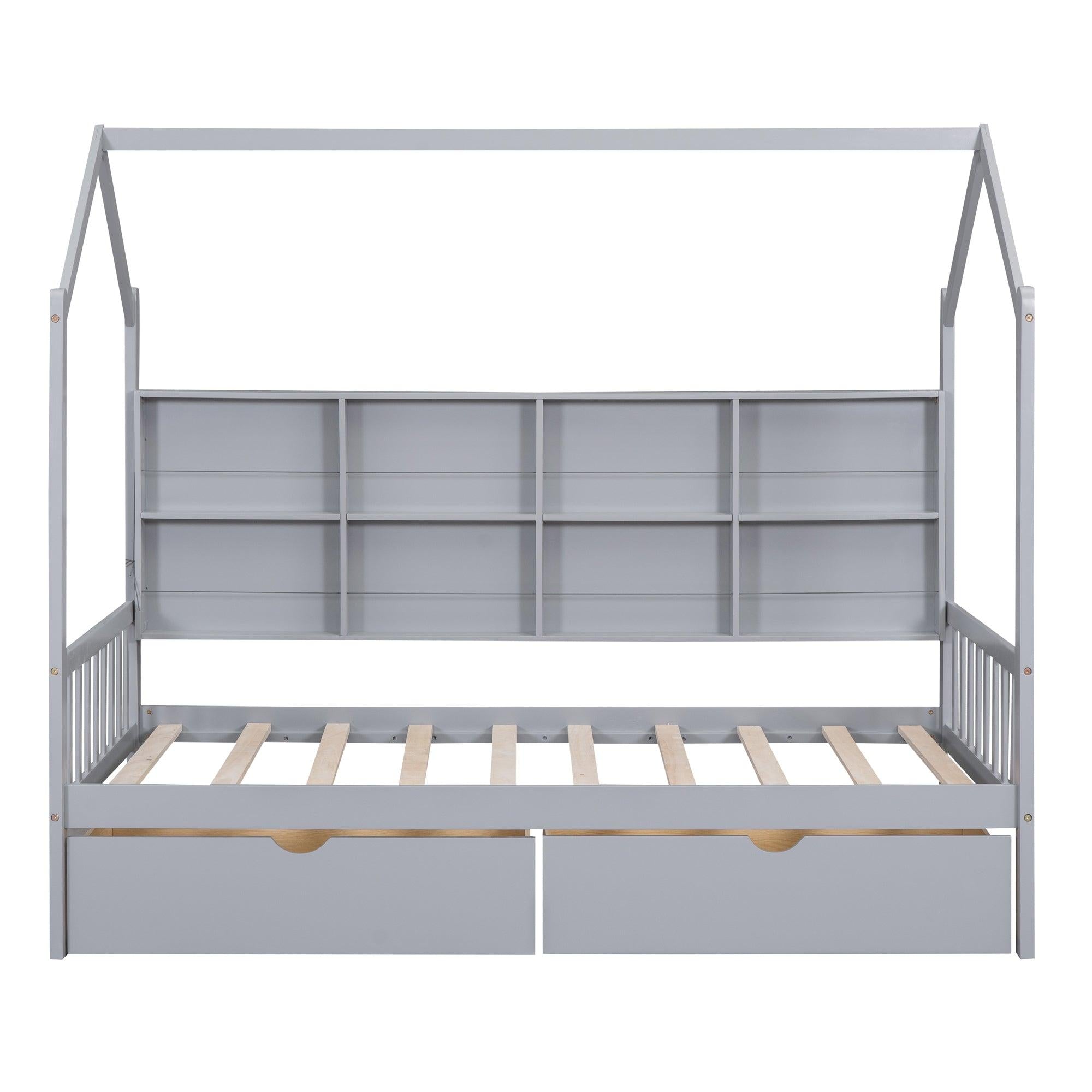 Wooden Twin Size House Bed with 2 Drawers,Kids Bed withStorage Shelf, Gray