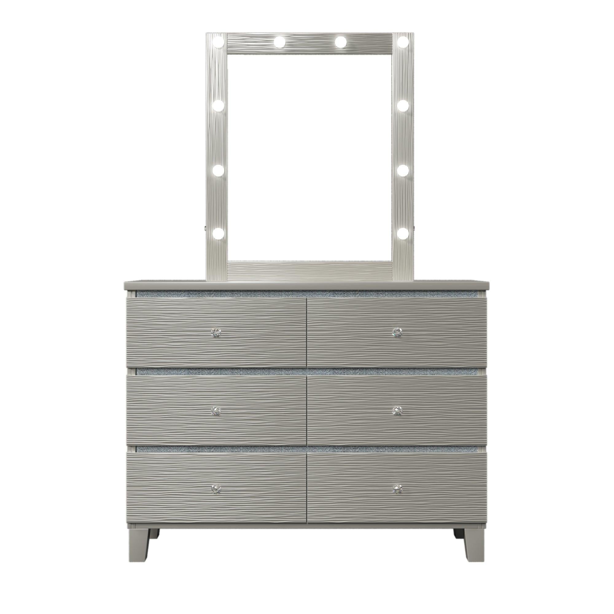 Champagne Silver Rubber Wood Dresser & Mirror with 6 Drawers Metal Slides Crystal Handle LED Lights Mirror