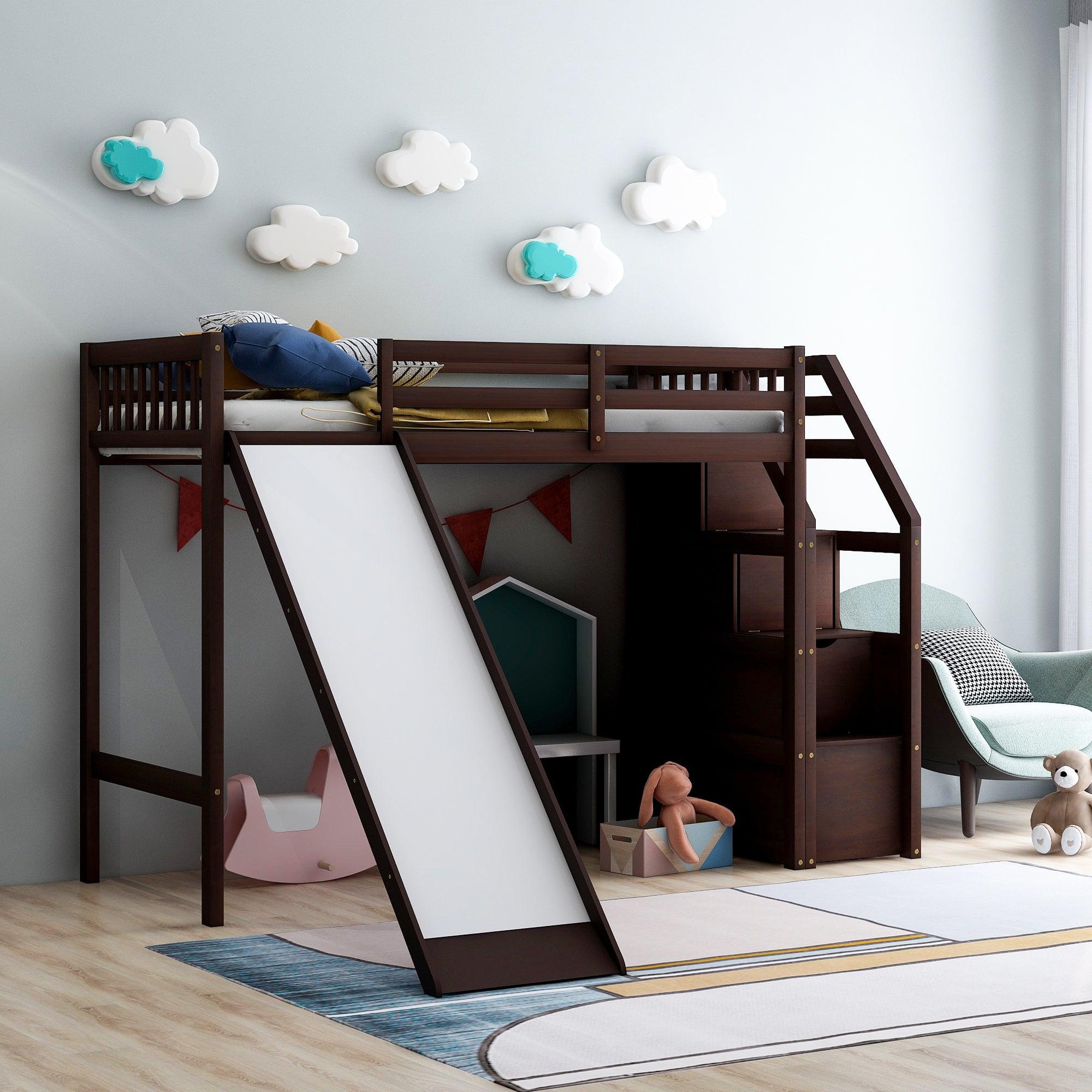 Twin Size Loft Bed withStorage and Slide, Espresso