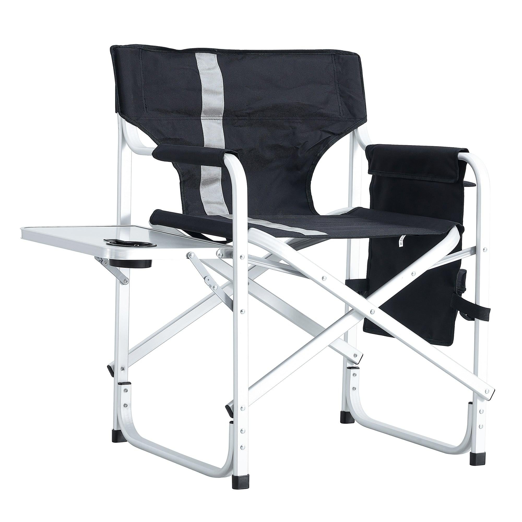 1-piece Padded Folding Outdoor Chair with Side Table andStorage Pockets,Lightweight Oversized Directors Chair for indoor, Outdoor Camping, Picnics and Fishing,Black/Grey