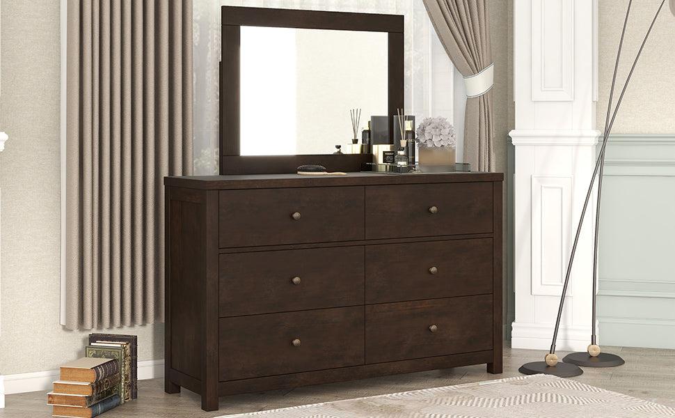 Vintage Aesthetic Solid Wood 6 Drawer Double Dressing Set in Rich Brown (Dresser + Mirror)