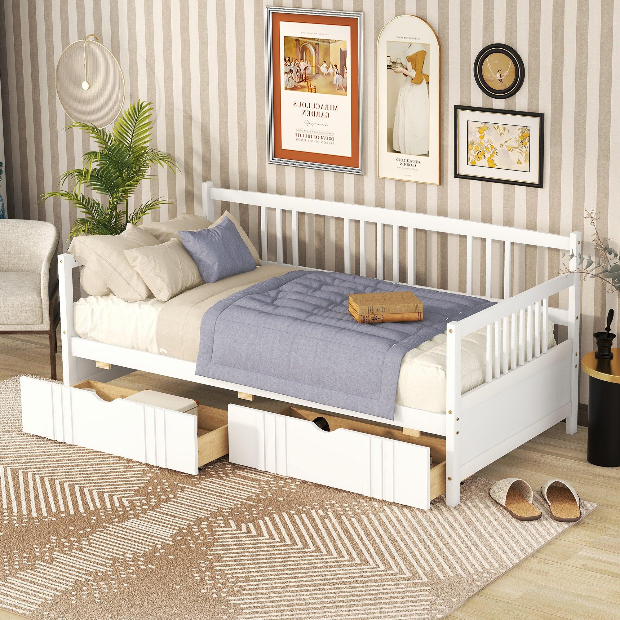 Twin Size Daybed Wood Bed with Two Drawers,White image