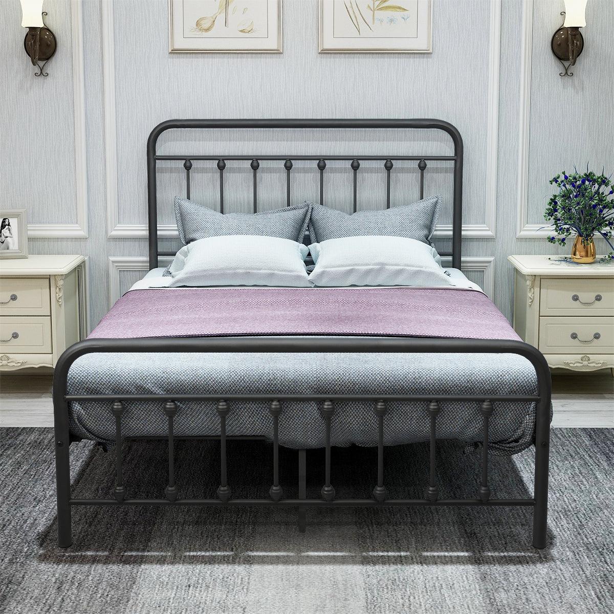 Victorian Vintage Style Platform Metal Bed Frame Foundation Headboard Footboard Heavy Duty Steel Slats, Full Black image