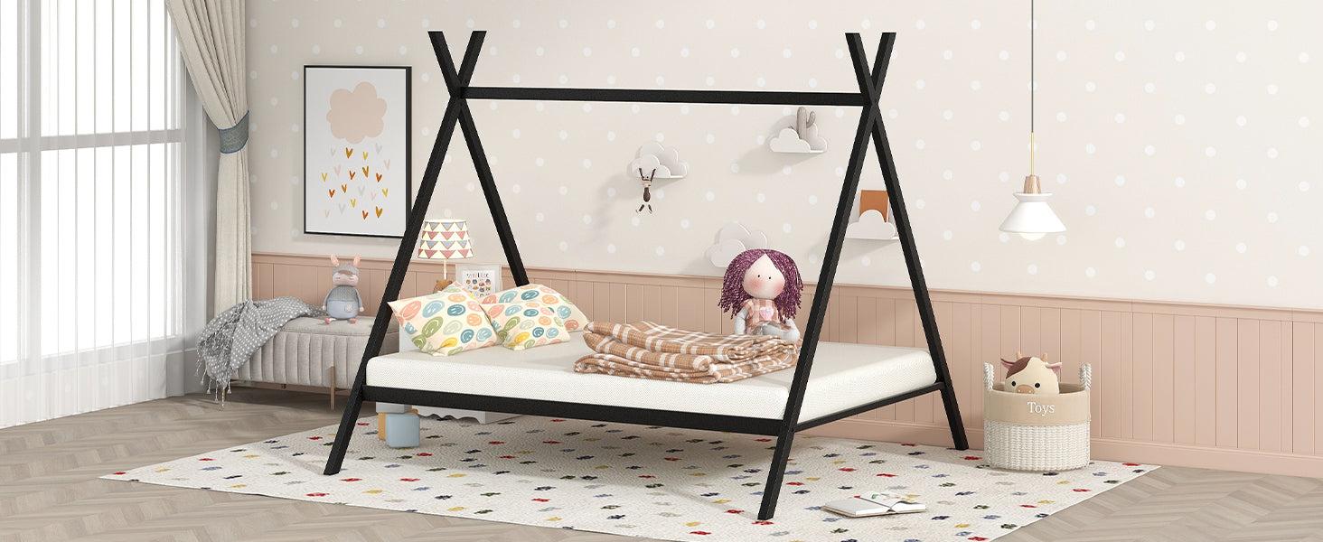 House Bed Tent Bed Frame Full Size Metal Floor Play House Bed with Slat for Kids Girls Boys , No Box Spring Needed Black