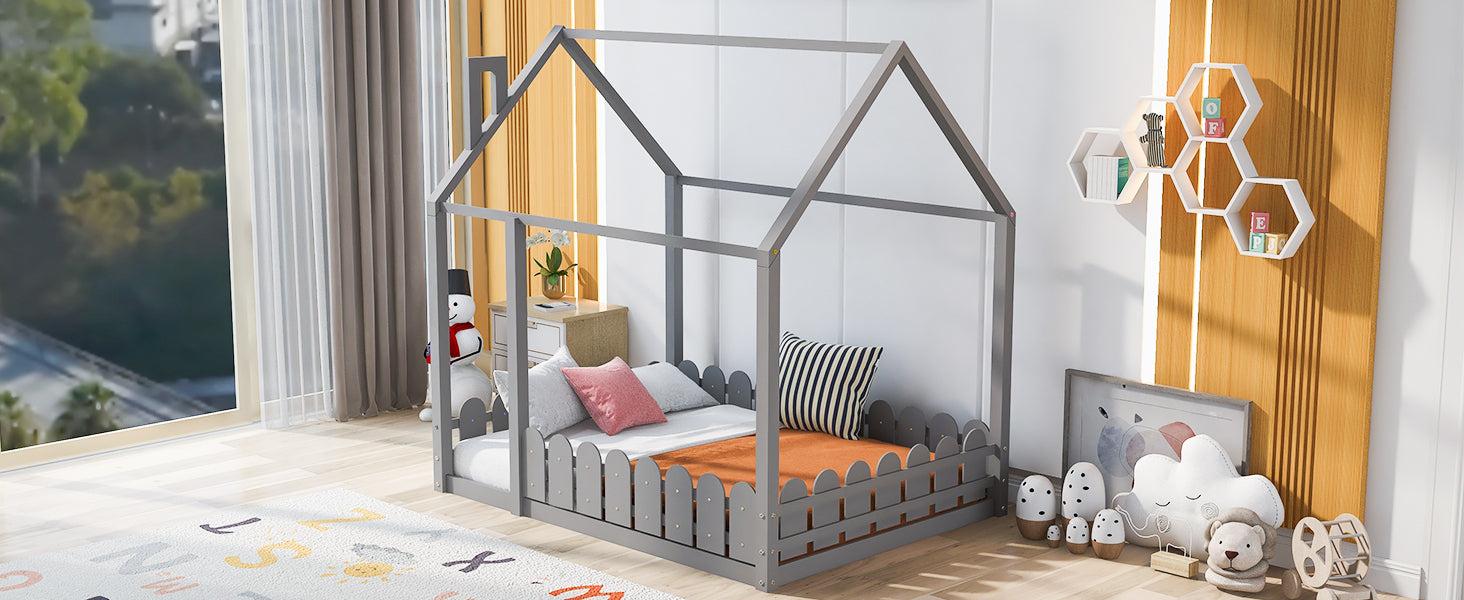 Full Size Wood Bed House Bed Frame with Fence, for Kids, Teens, Girls, Boys (Gray )