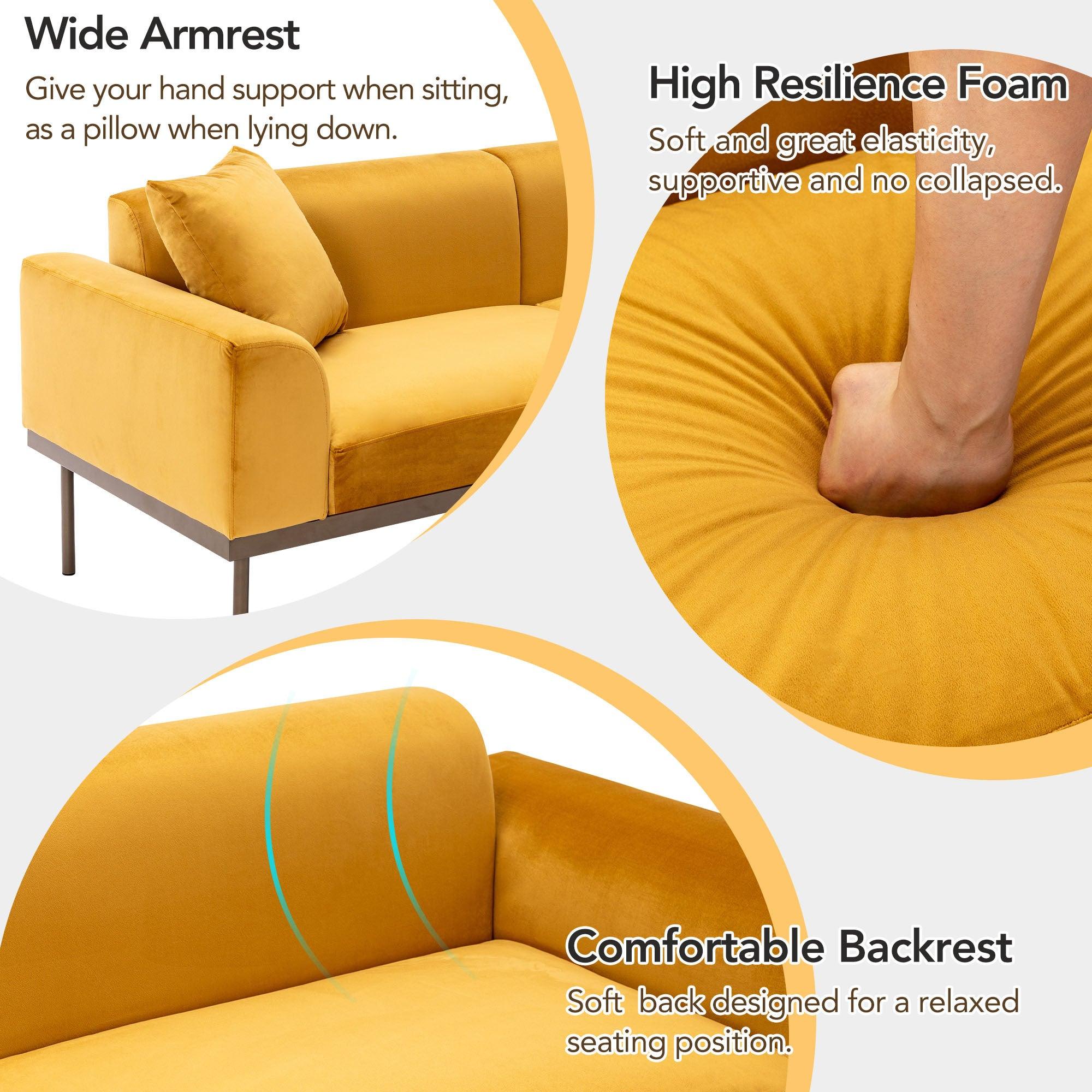 Modern Velvet Sofa with Metal Legs,Loveseat Sofa Couch with Two Pillows for Living Room and Bedroom, Mustard