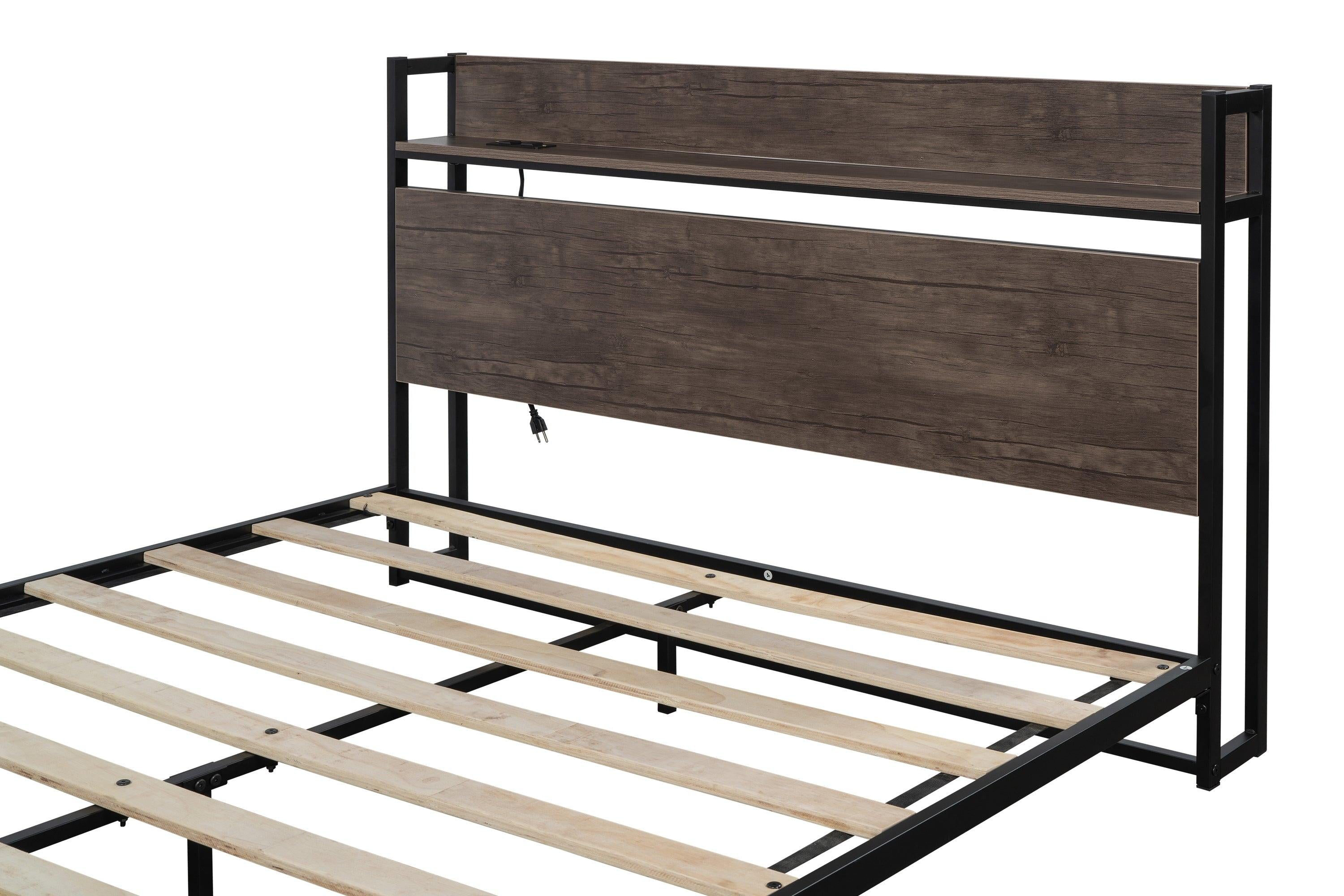 Platform Queen Bed with Socket, Fast Assemble Design