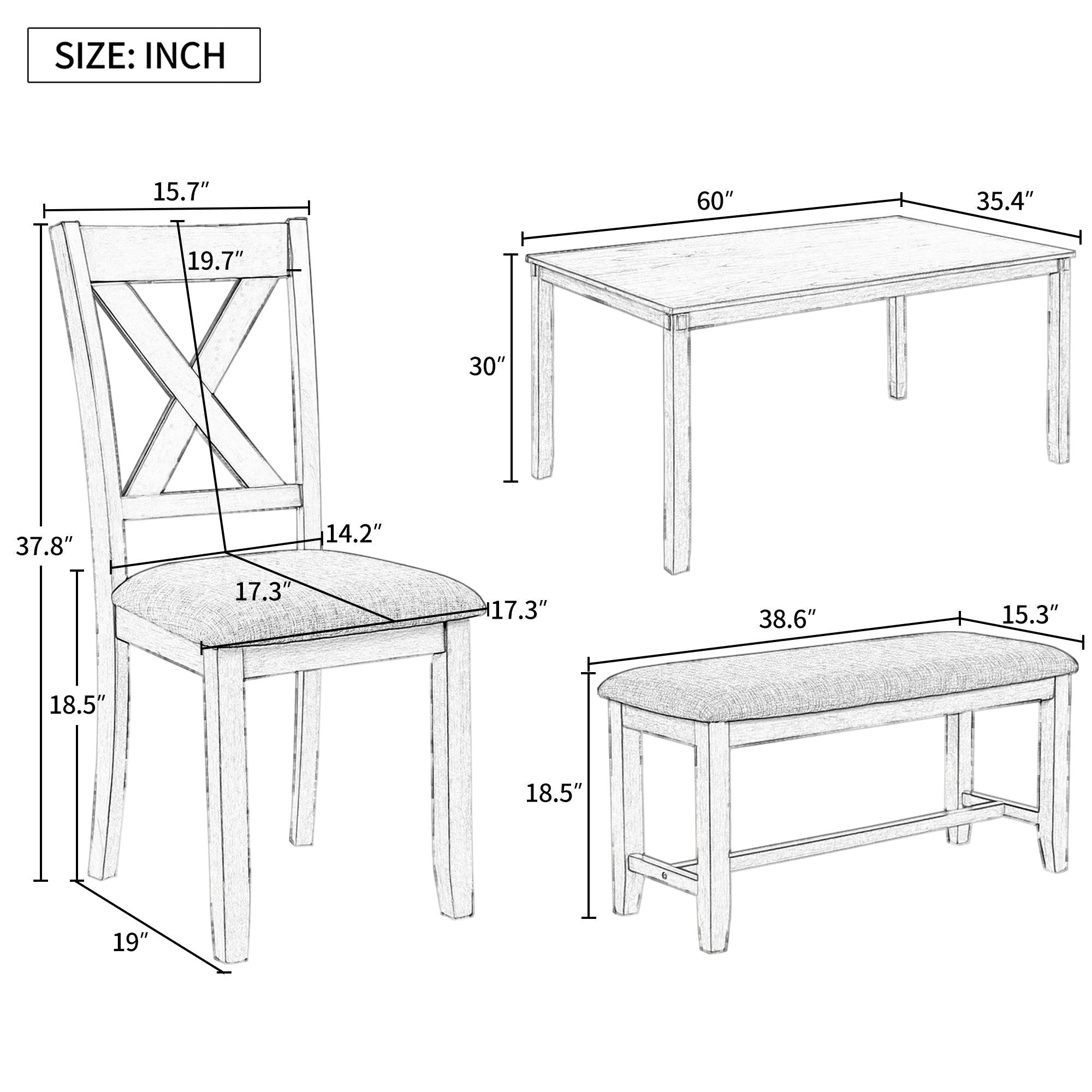 6-Piece Kitchen Dining Table Set Wooden Rectangular Dining Table, 4 Fabric Chairs and Bench Family Furniture (Espresso)