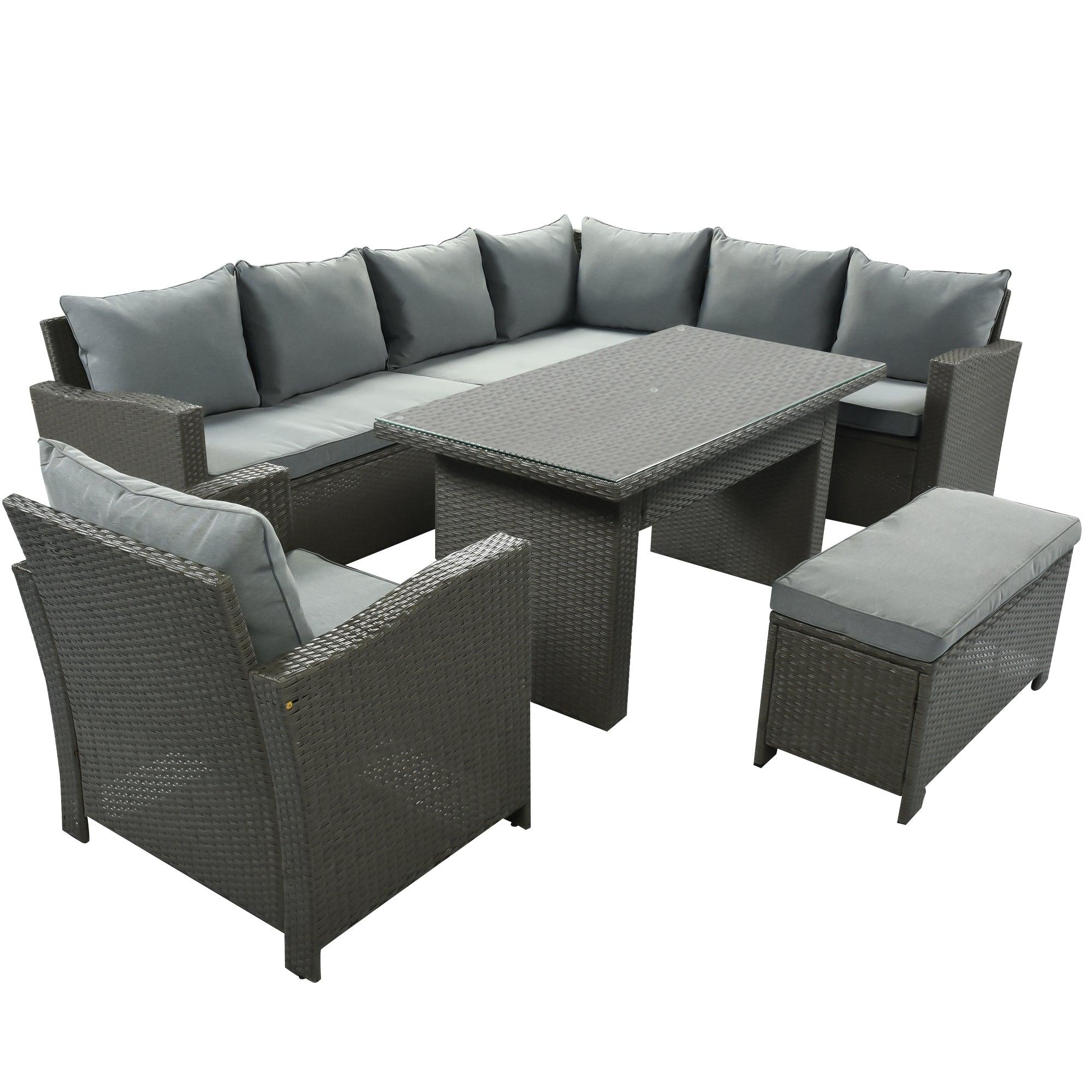 Patio Furniture Set, 6 Piece Outdoor Conversation Set, Dining Table Chair with Bench and Cushions