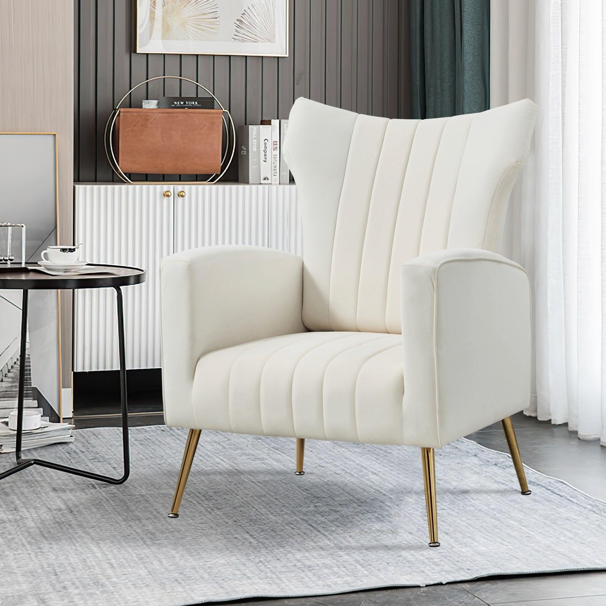 Modern Velvet Accent Chair with Arms, Wingback Reading Chair with Gold Metal Legs, Comfy Upholstered Single Leisure Sofa for Living Room Bedroom Club(Velvet+White)