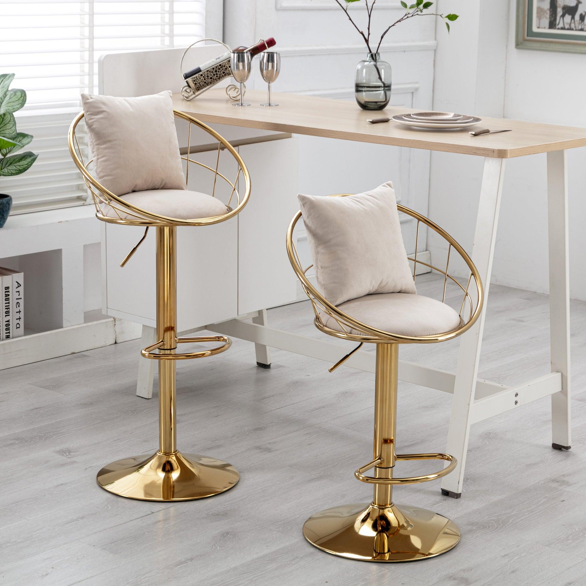 Off-White velvet bar chair, pure gold plated, unique design，360 degree rotation, adjustable height，Suitable for dinning room and bar，set of 2