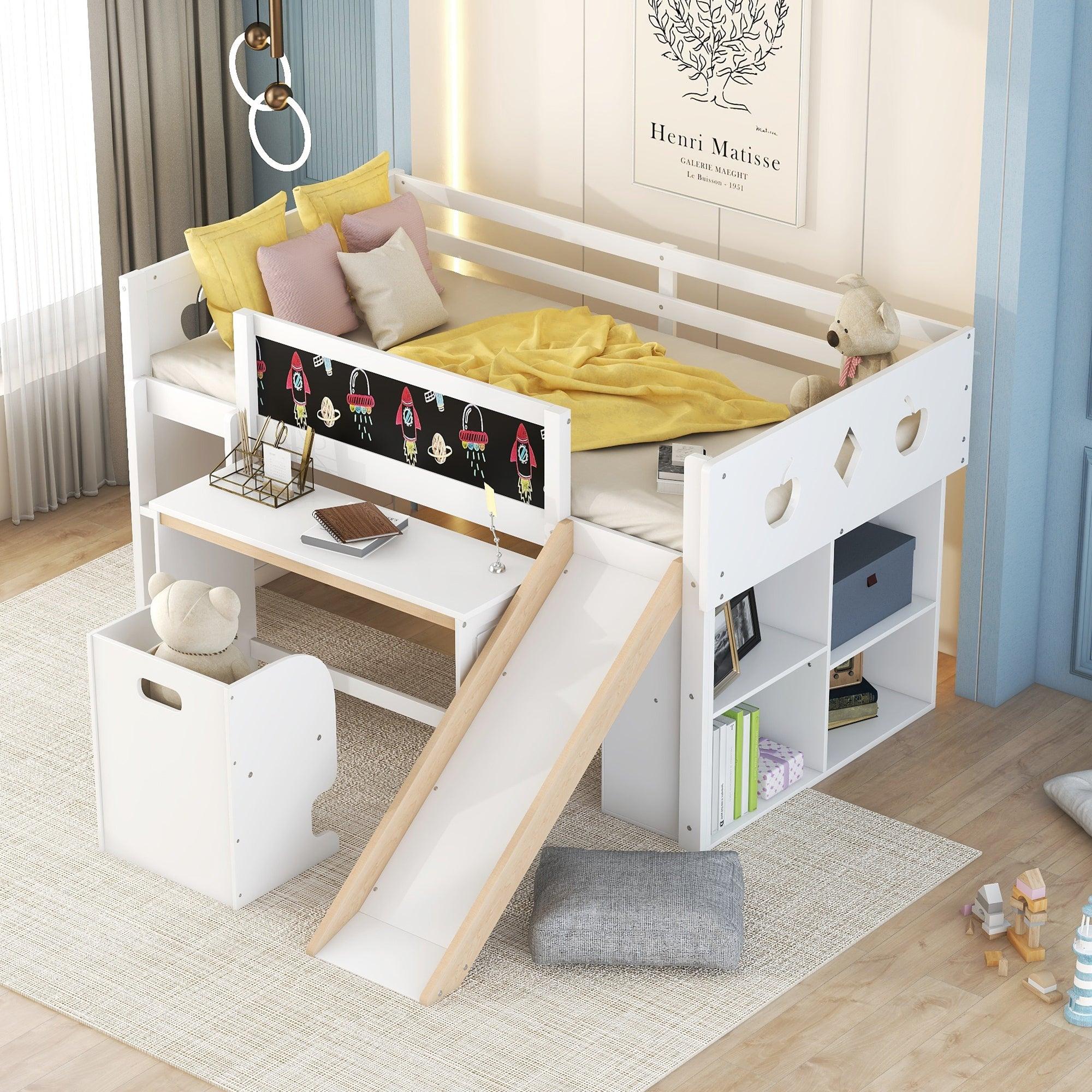 Wood Twin Size Loft Bed with Slide, Cabinets, Blackboard, Desk and Chair, White image