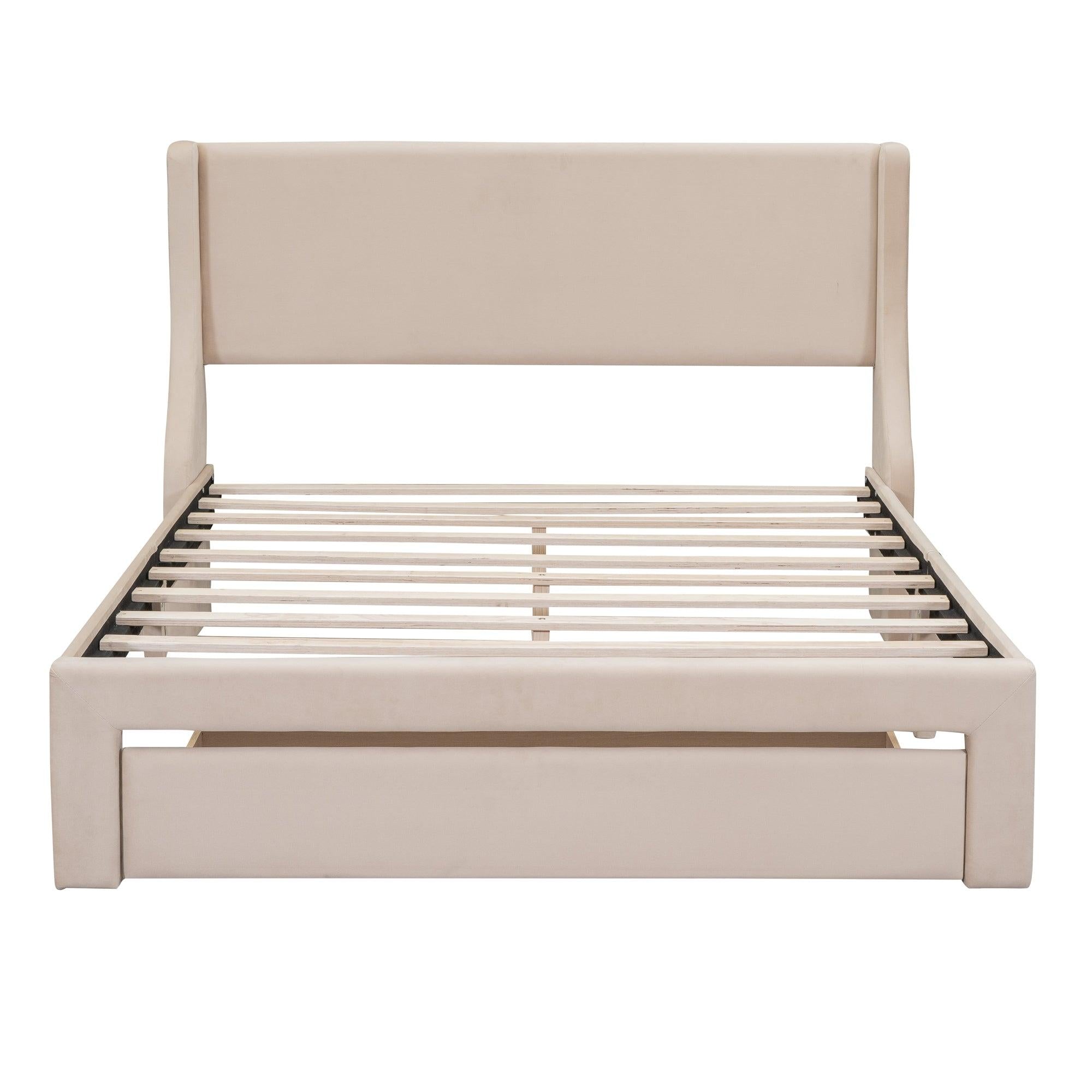 Queen SizeStorage Bed Velvet Upholstered Platform Bed with a Big Drawer - Beige