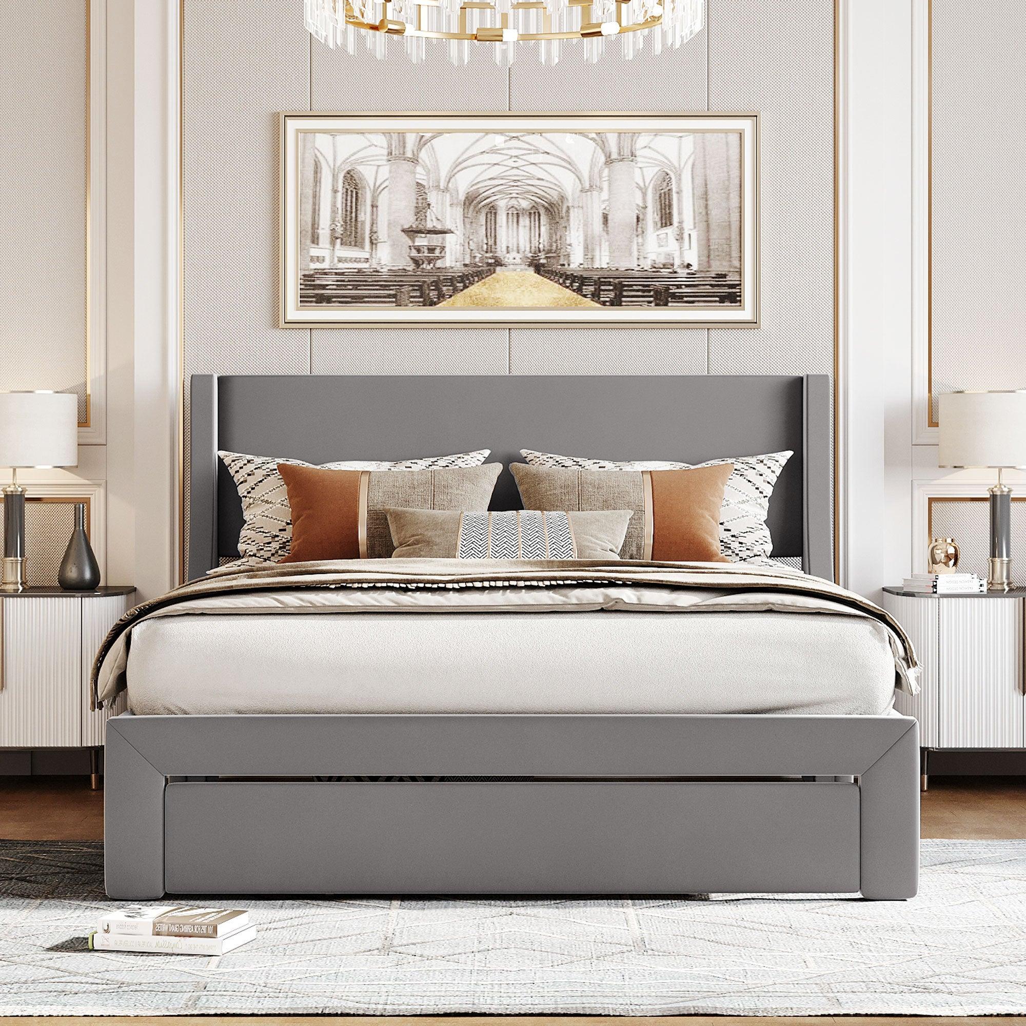 Queen SizeStorage Bed Velvet Upholstered Platform Bed with a Big Drawer - Gray