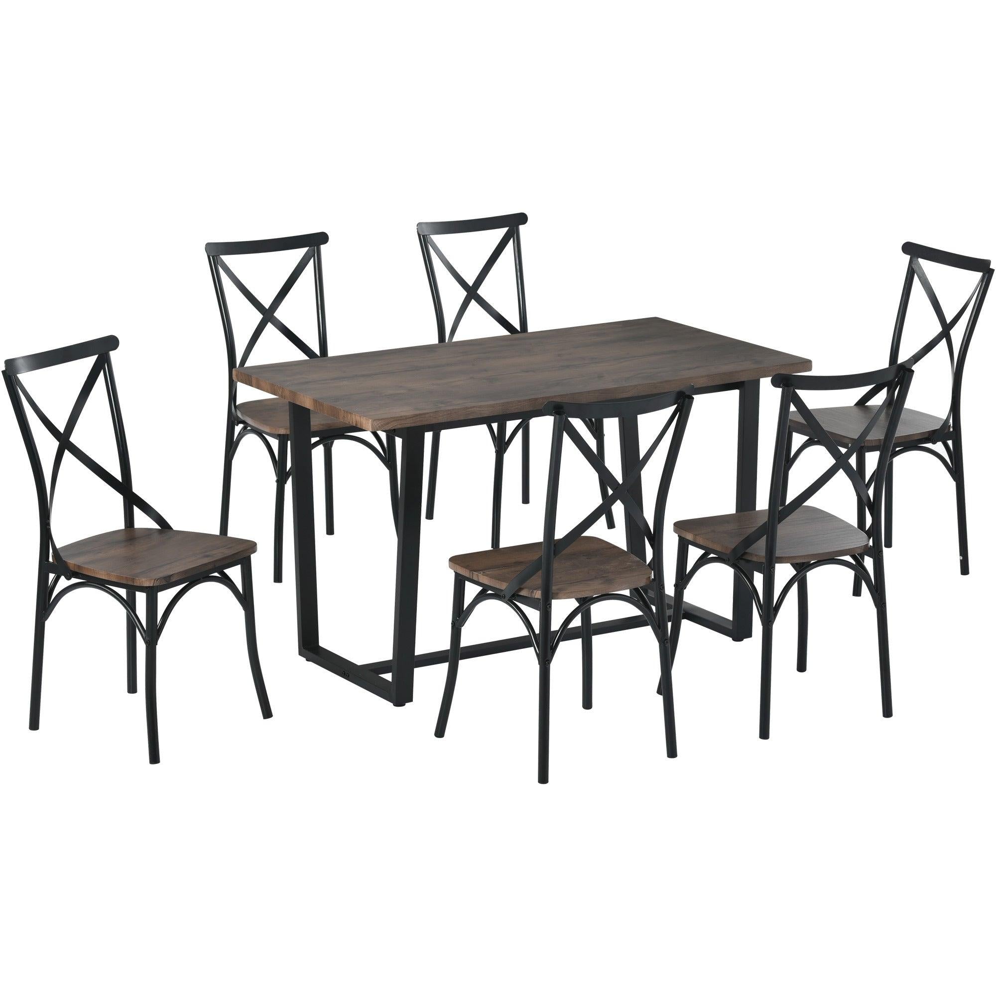 7 Piece Industrial Dining Table Set Rectangular Table with 6 Dining Chairs Kitchen Table Set with Metal Frame (Rustic Brown)