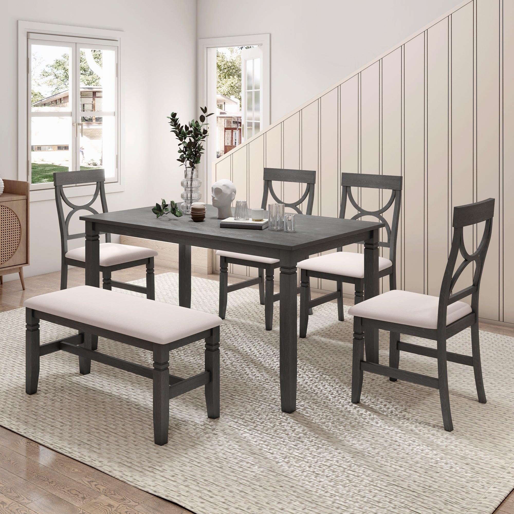 6-Piece Wood Dining Table Set Kitchen Table Set with Upholstered Bench and 4 Dining Chairs, Farmhouse Style,Gray image