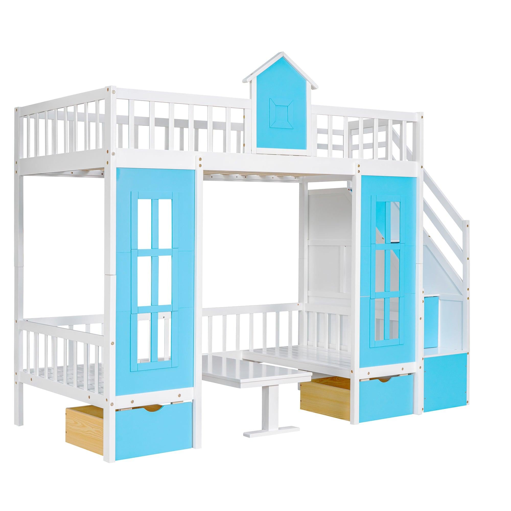 Twin-Over-Twin Bunk Bed with Changeable Table , Bunk Bed  Turn into Upper Bed and Down Desk with 2 Drawers - Blue