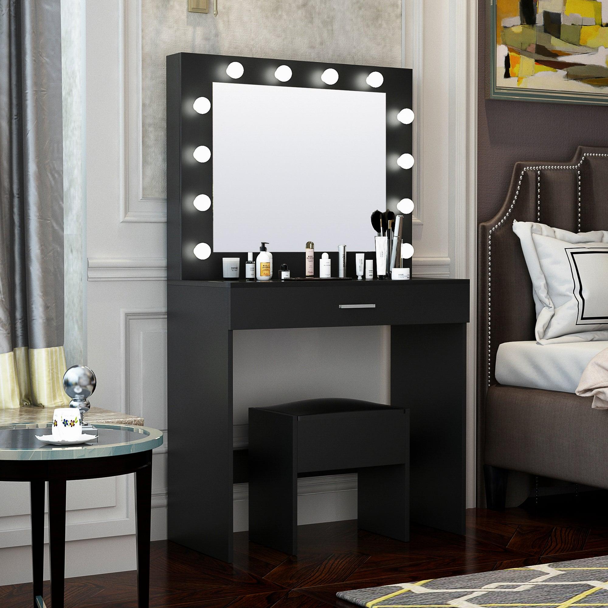 Modern Design Bedroom Makeup Dressing Table with Light and Stool,Black