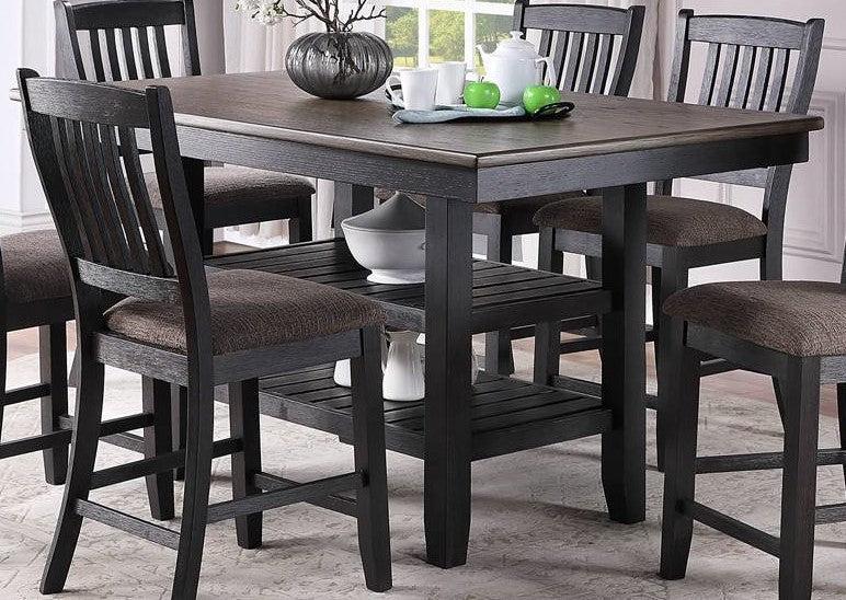 Transitional Dining Room 7pc Set Dark Coffee Rubberwood Counter Height Dining Table w 2x Shelfs and 6x High Chairs Fabric Upholstered seats Unique Back Counter Height Chairs