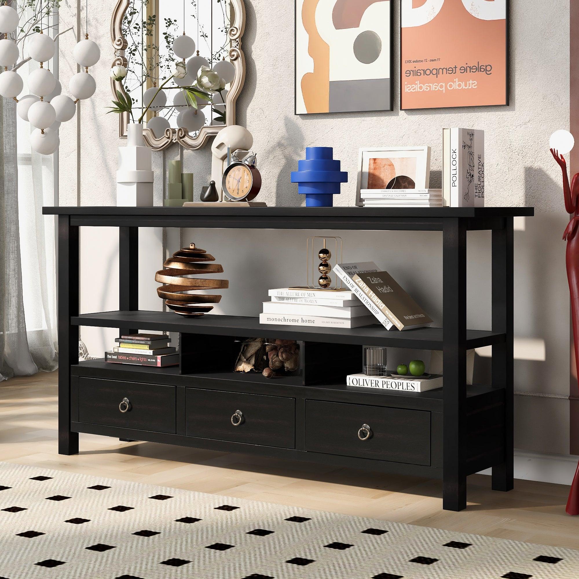 Rustic Solid Console Table Double-Storey Tabletop with Three Drawers  for Living Room (Distressed Black) image