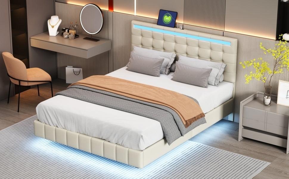 Queen Size Floating Bed Frame with LED Lights and USB Charging,Modern Upholstered Platform LED Bed Frame,Beige