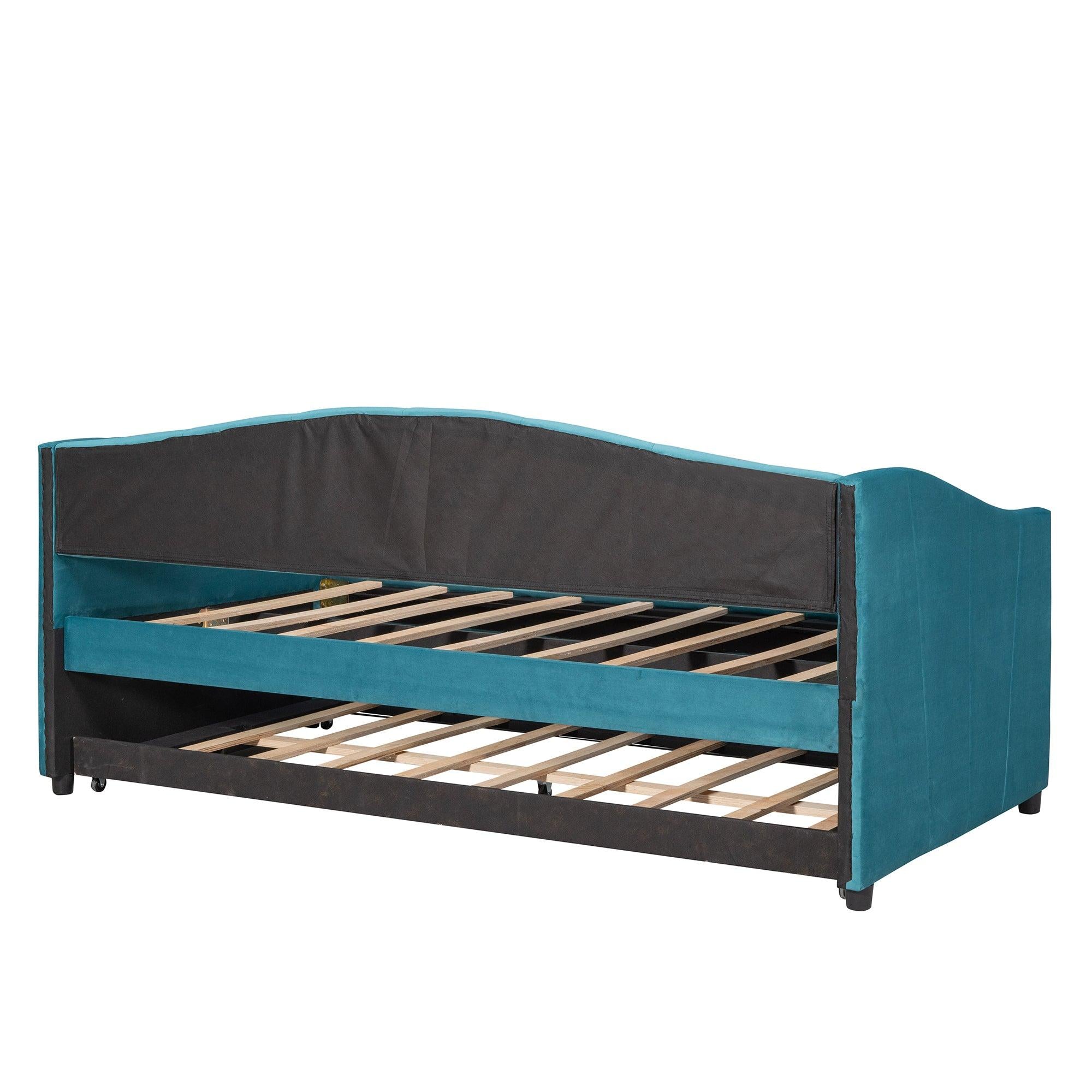 Upholstered Daybed Sofa Bed Twin Size With Trundle Bed and Wood Slat ,Blue